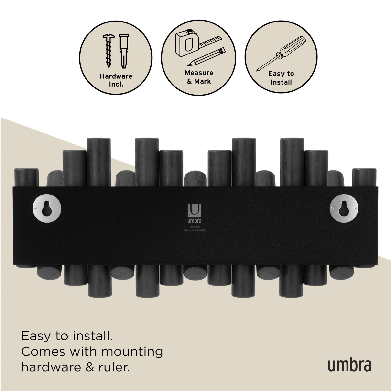 Umbra Picket Wall-Mounted Coat Rack Rail Hook with 5 5-Hook, Black