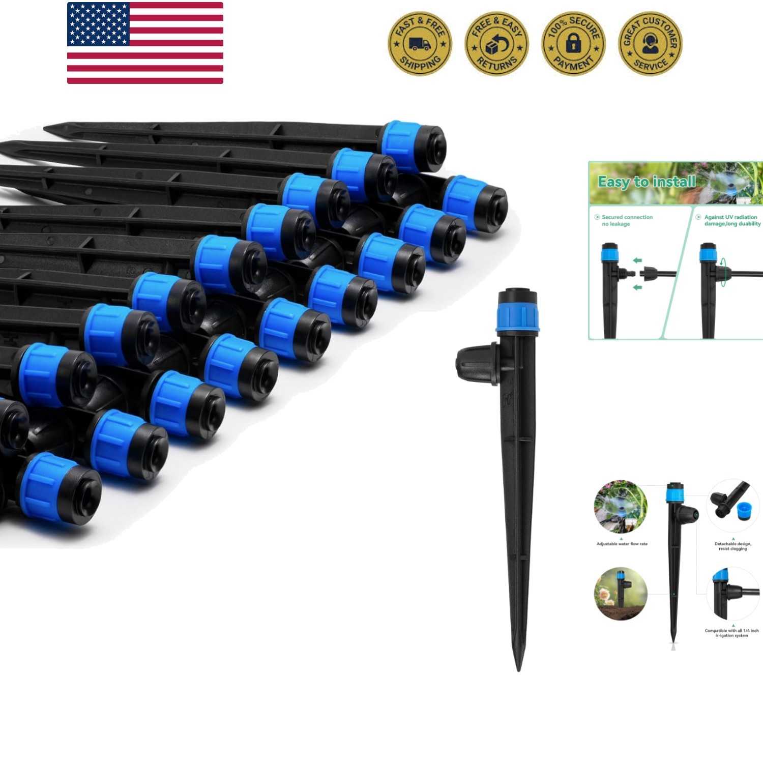 Drip Irrigation Emitters for 1/4" Tubing: Adjustable 360 Degree Water Flow Dr...