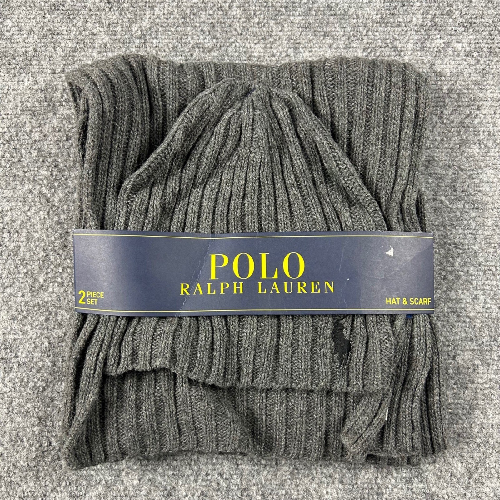 Polo Ralph Lauren Hat Scarf Set Mens OS Gray Ribbed Knit Beanie Winter PP0079
