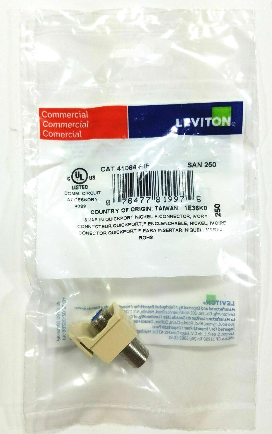 41084-FIF Leviton QuickPort F-Type Coax Adapter Nickel Plated, Ivory - 50 COUNT