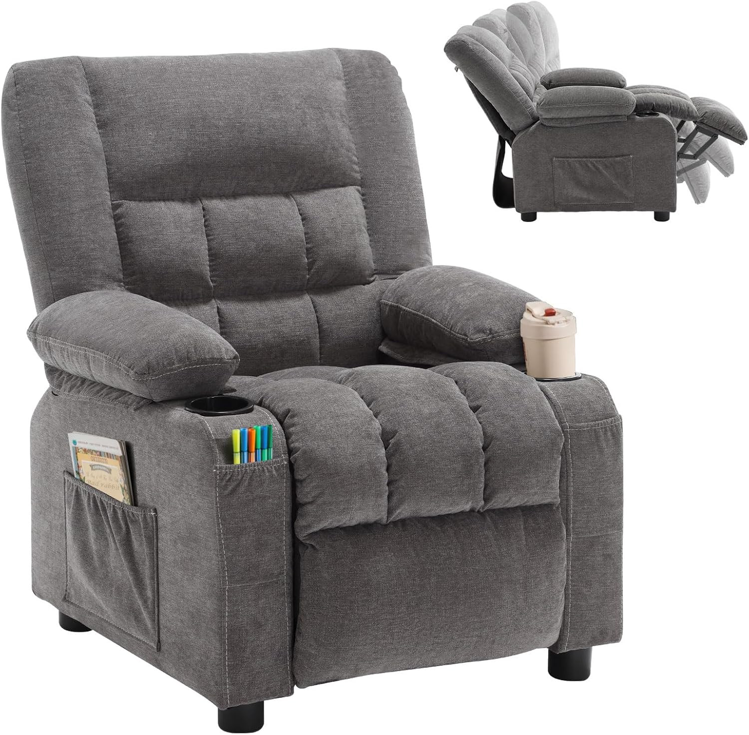 BOSMILLER Kids Recliner Chair， Push Back Toddler Recliner with Cup Holders & Sid