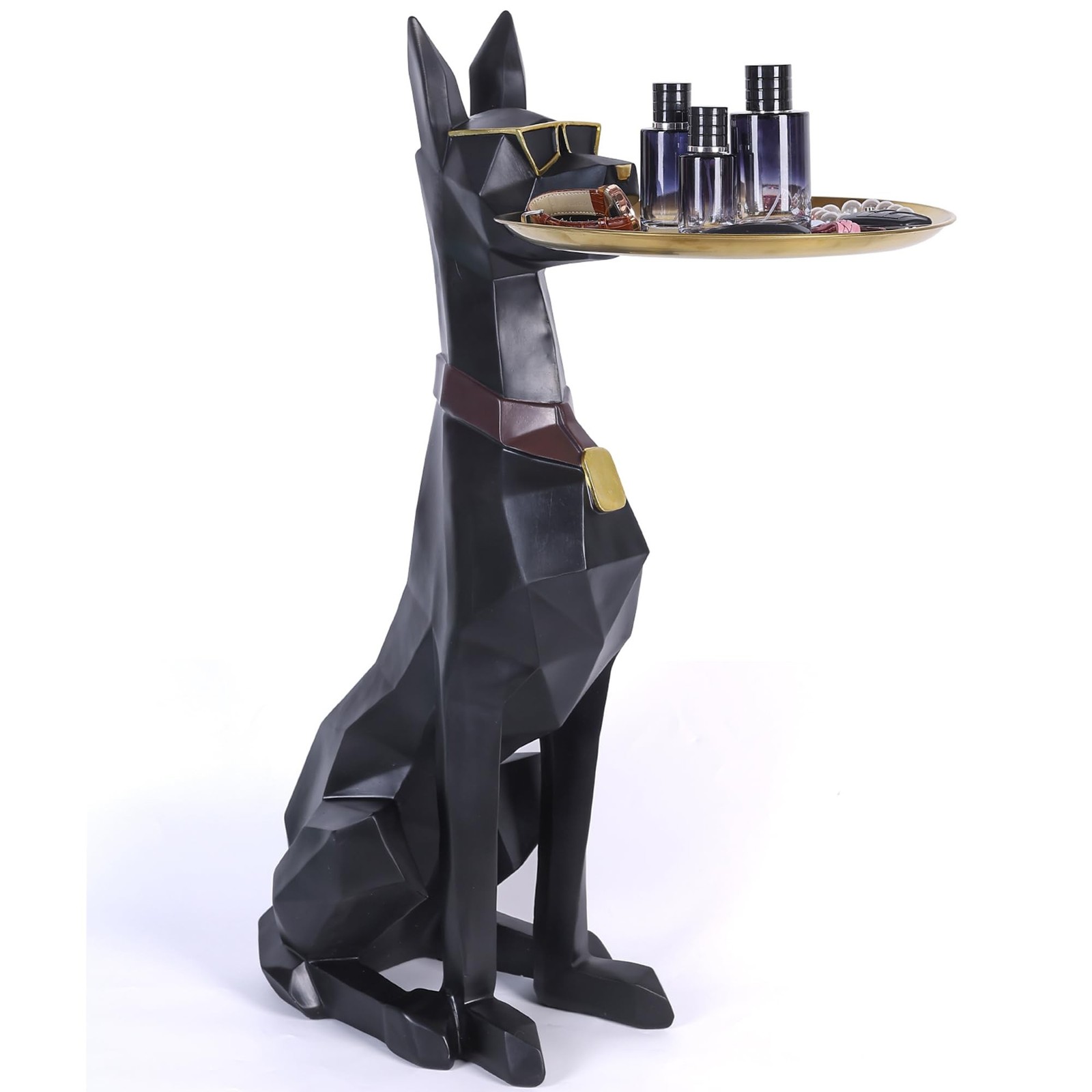 suruim Geometric Dog Accent Table with Tray Butler Statue Animal Side Table f...