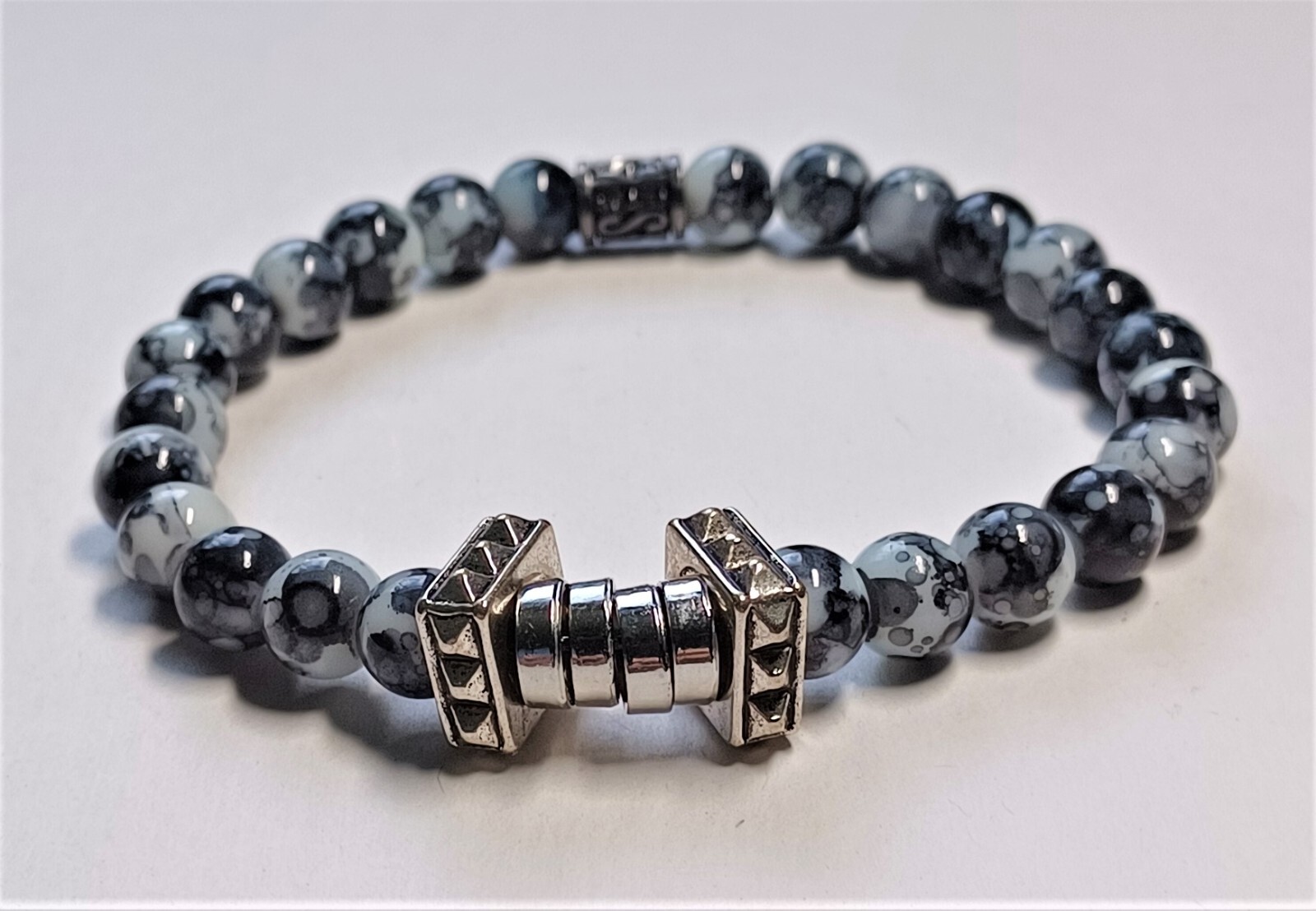 Rugged Shiny Marbled Black Glass Beaded Bracelet