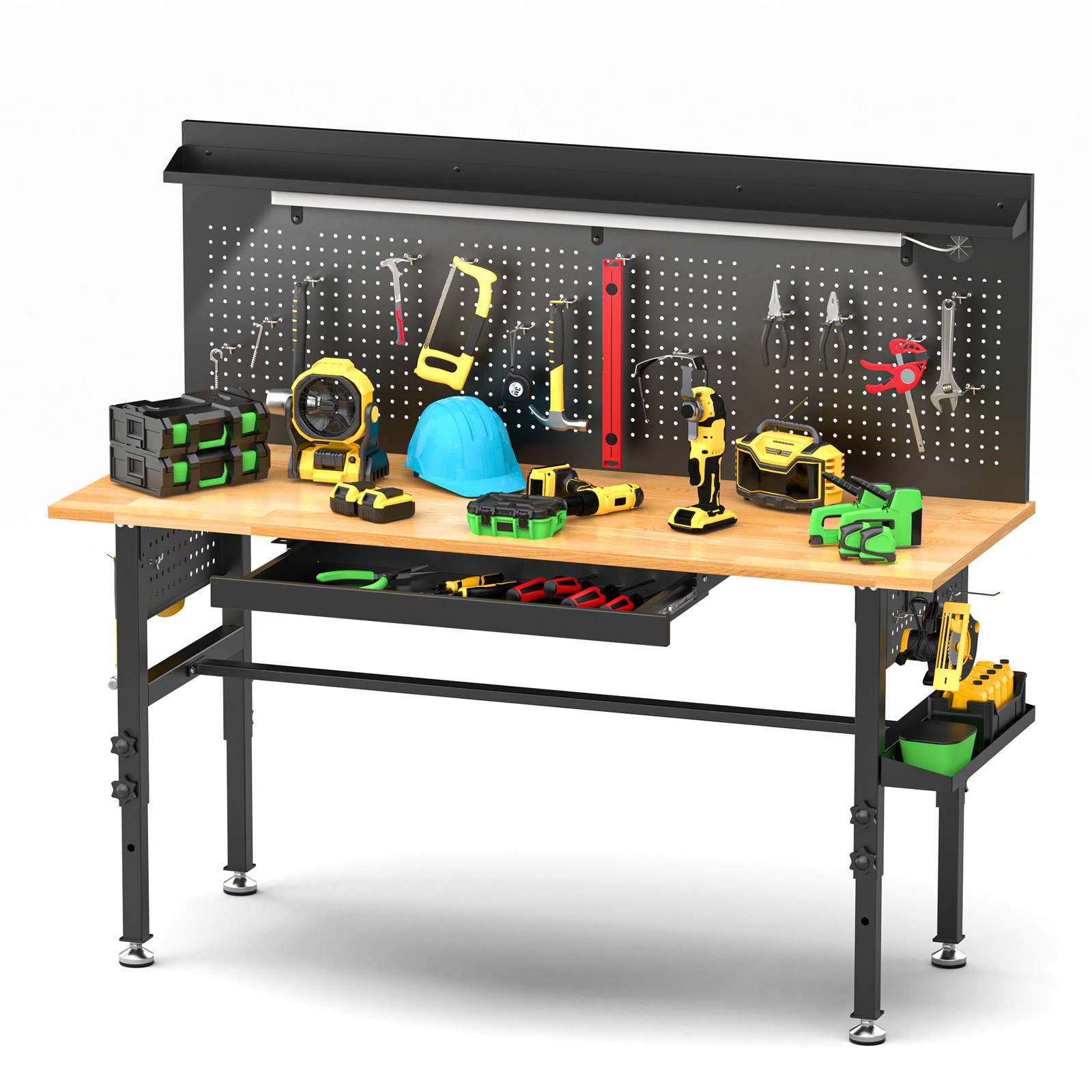 Garage Adjustable Height Workbench with Pegboard Storage and Power Outlet