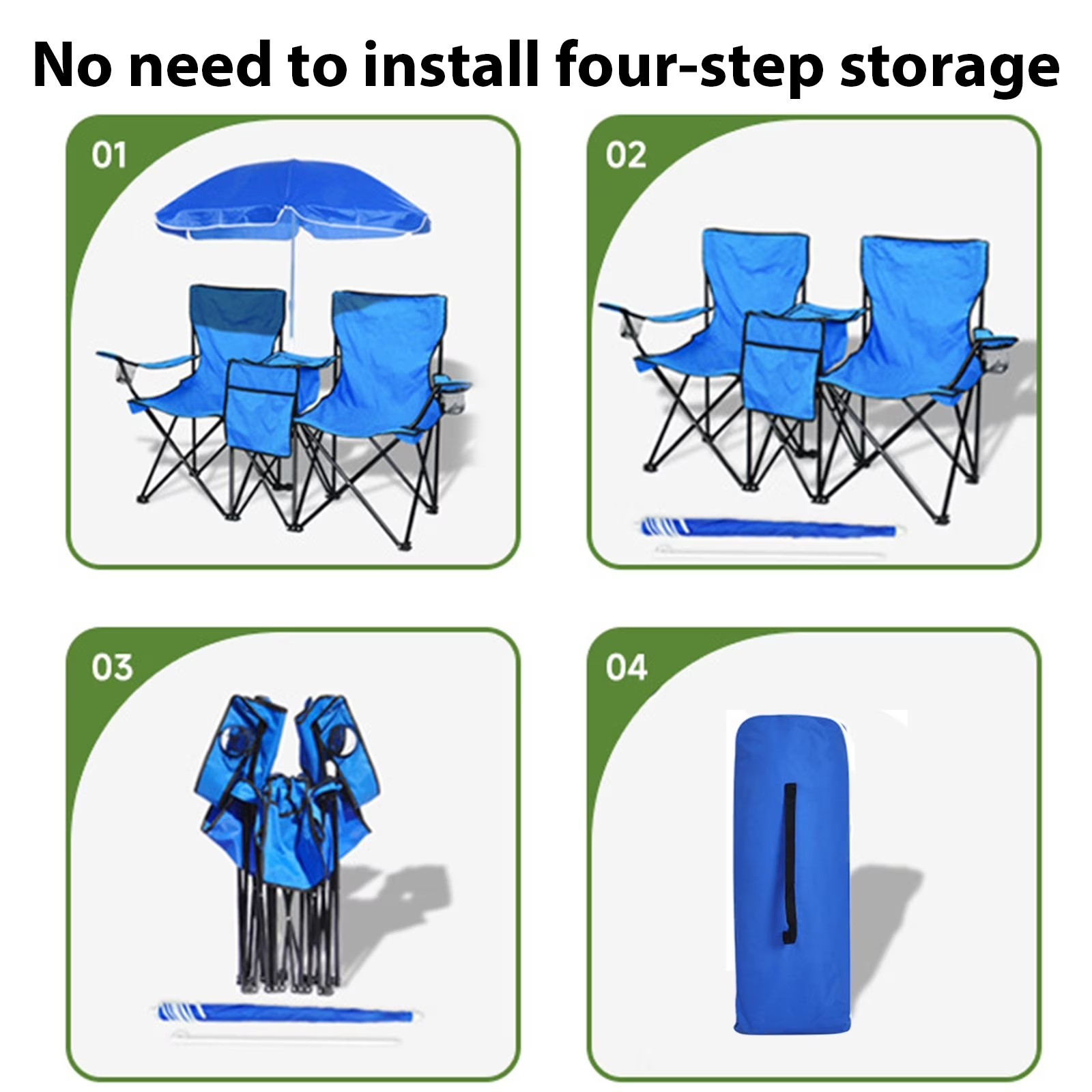 Portable Folding Picnic Double Chair With Removable Umbrella Blue
