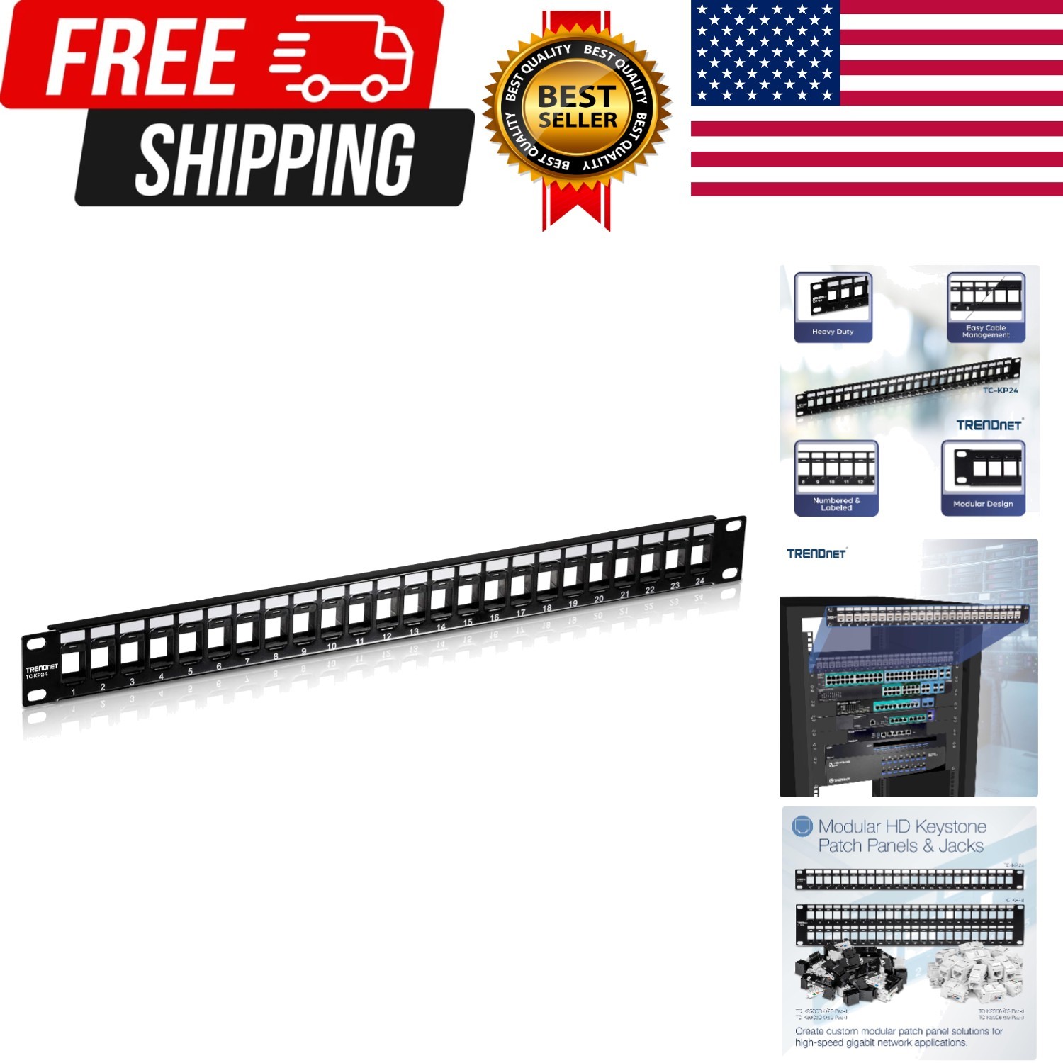 24-Port Blank Keystone 1U Patch Panel, | 19" Metal Rackmount Housing, Recomme...