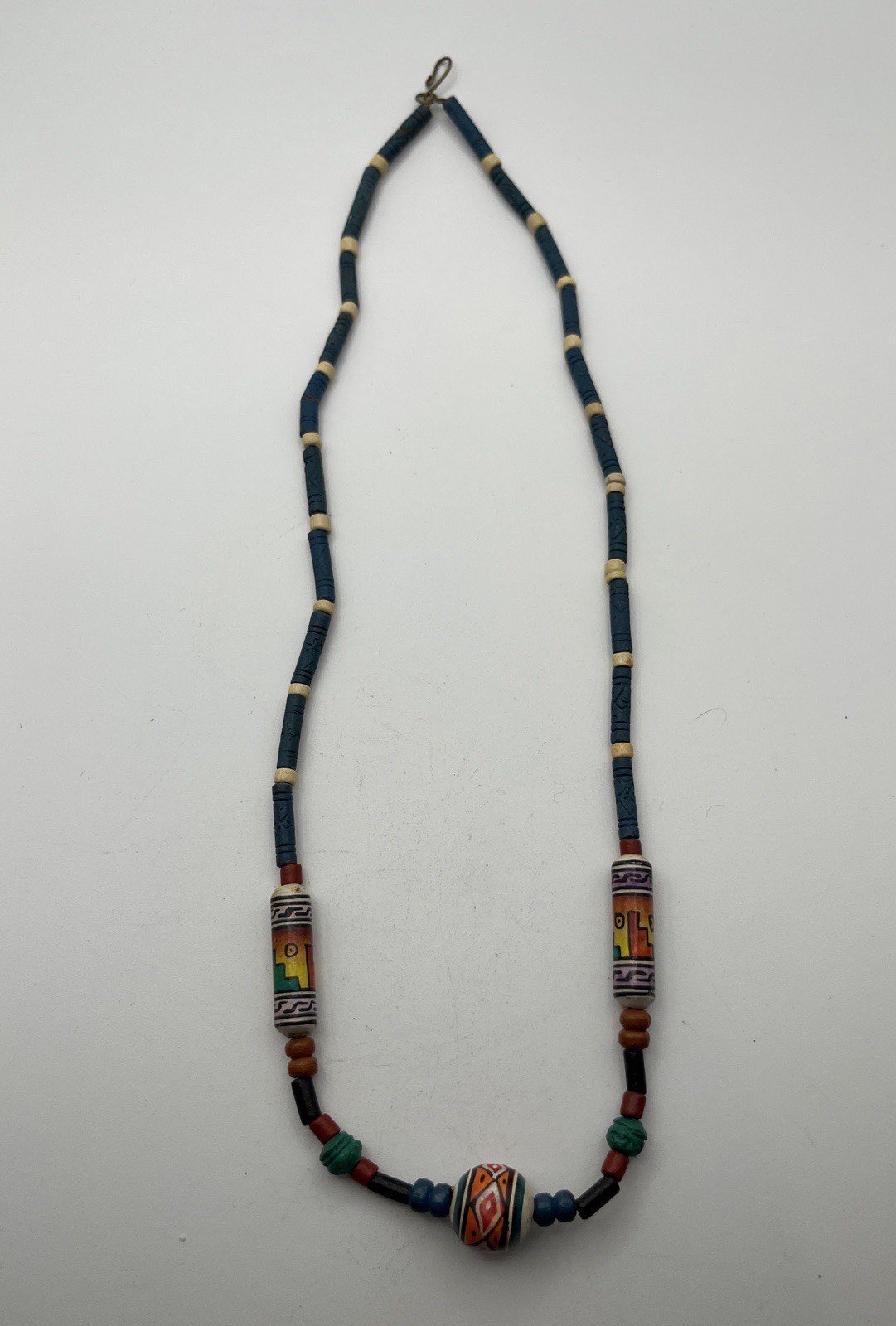 Vtg Peruvian? Necklace Clay Hand Painted Ceramic Beads Folk Art 22”