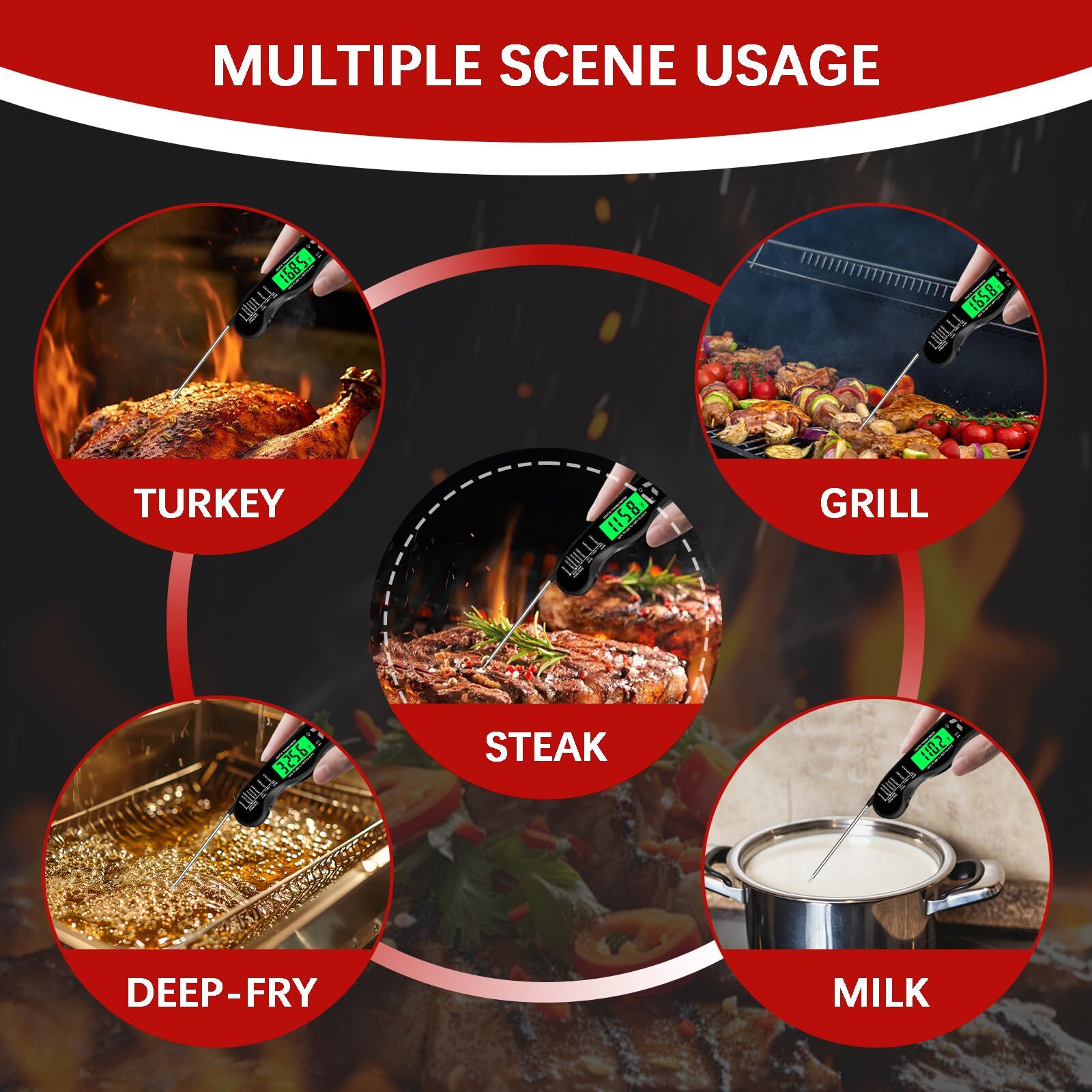Cooking Thermometer IP67 Waterproof Digital Meat Thermometer Backlight