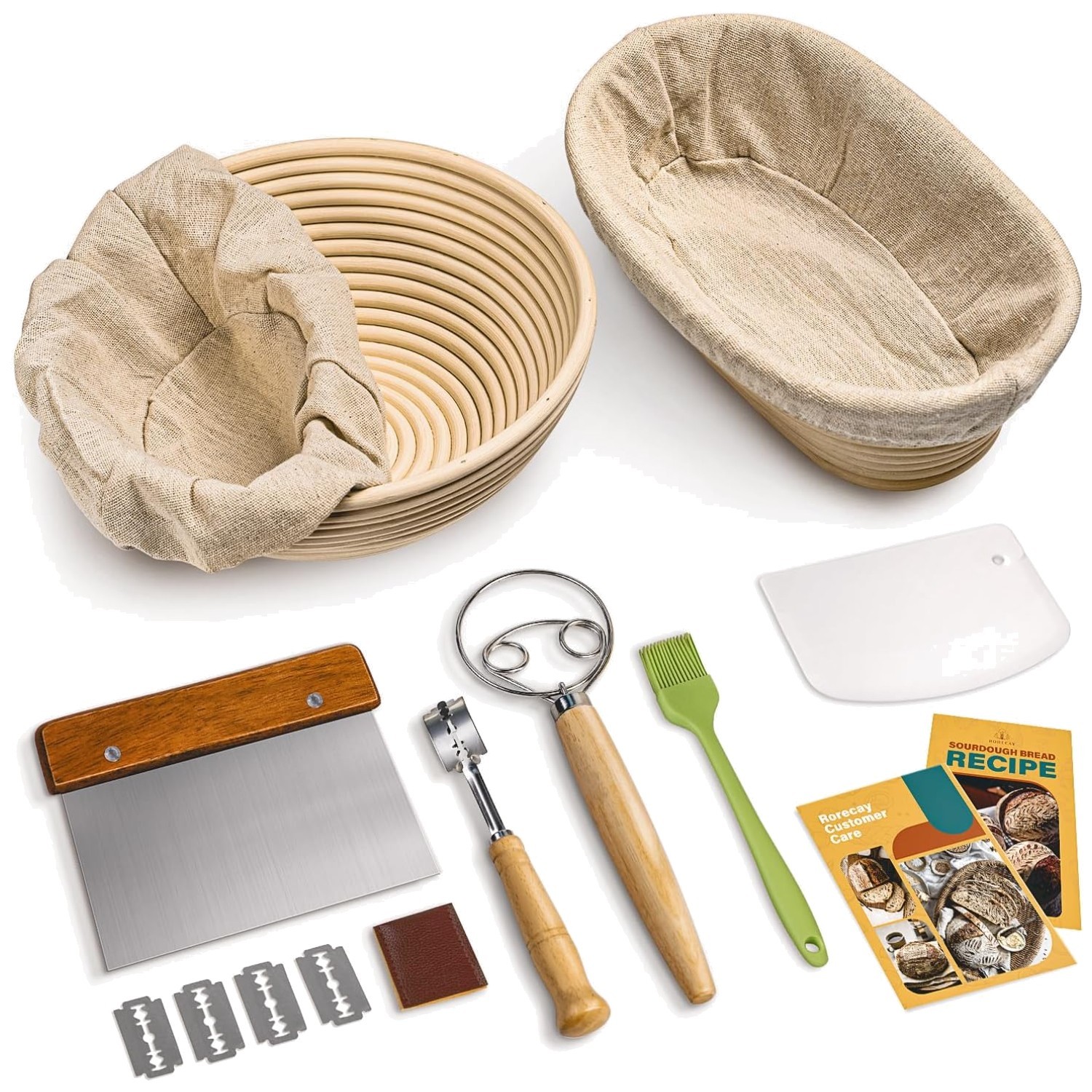 Natural Rattan Bread Proofing Basket Set with Tools - Sourdough Essentials