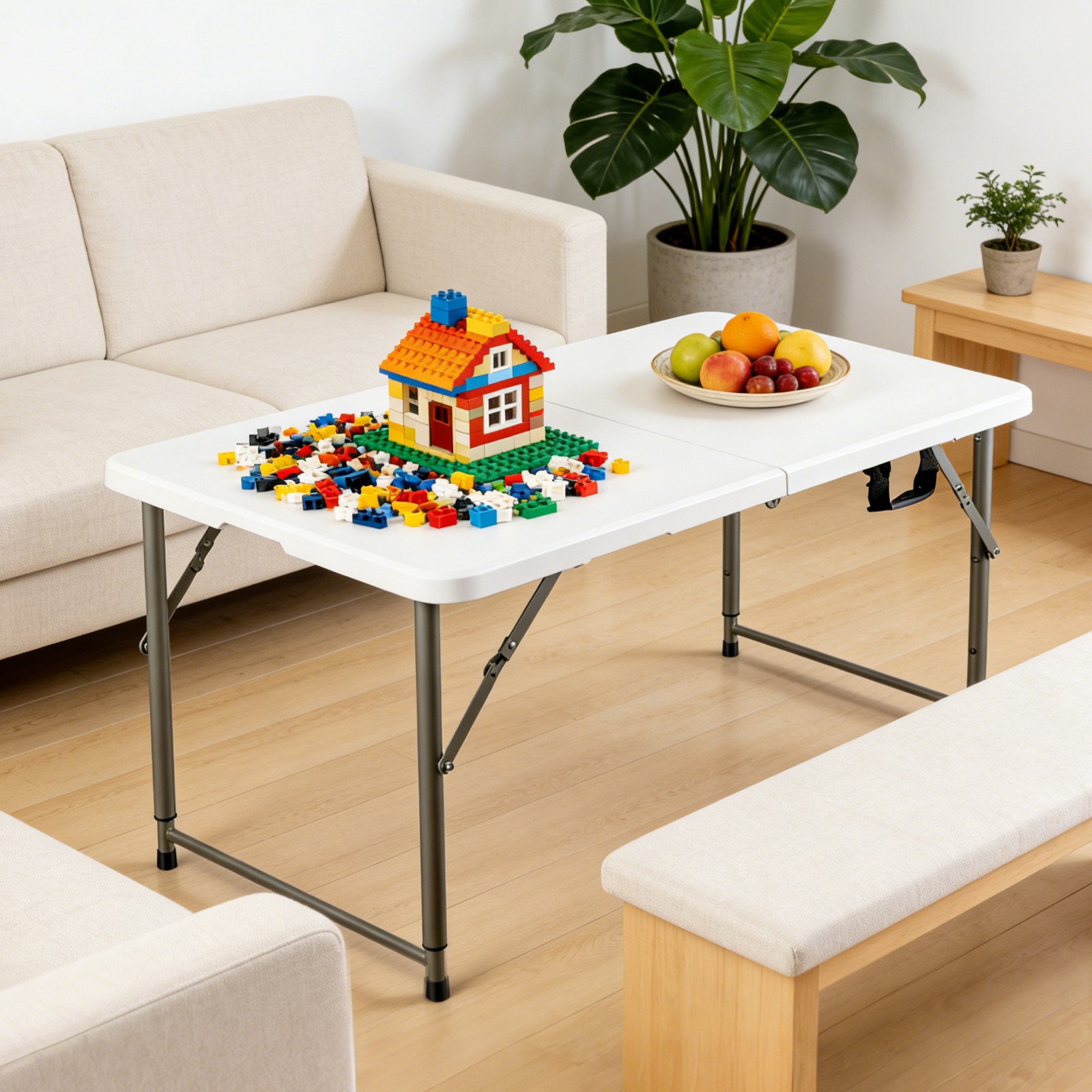 Folding Table Adjustable 4FT Plastic Table Picnic Camping w/Carry Handle White