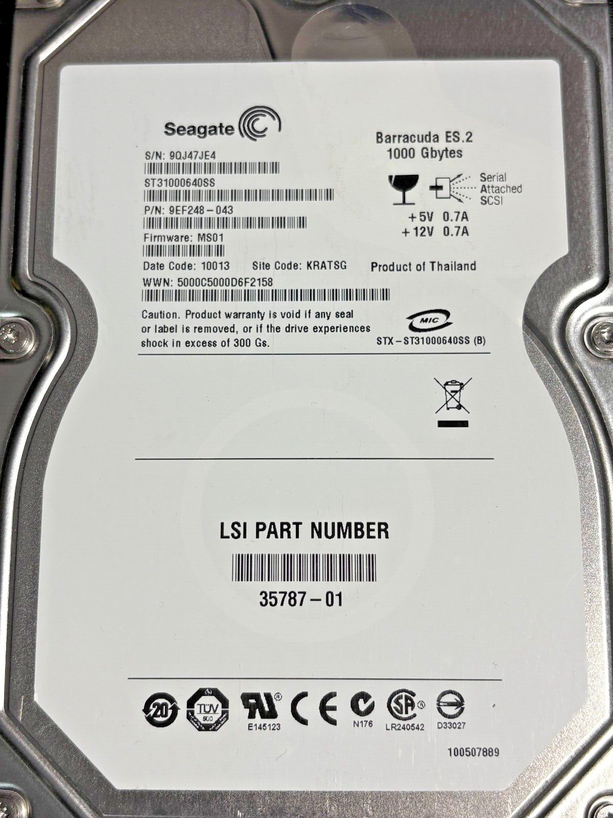 Seagate  ST31000640SS  1TB - 7200RPM - 3Gbps - SAS Disk Drive -- PN 9EF248-043