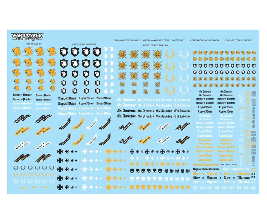 Warhammer TOW Empire of Man Knights Panther/White Wolf/Suns Transfer Sheet NEW