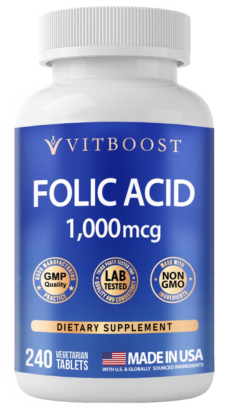 VITBOOST Folic Acid 1000 mcg (1667 DFE) – 240 240 Count (Pack of 1)