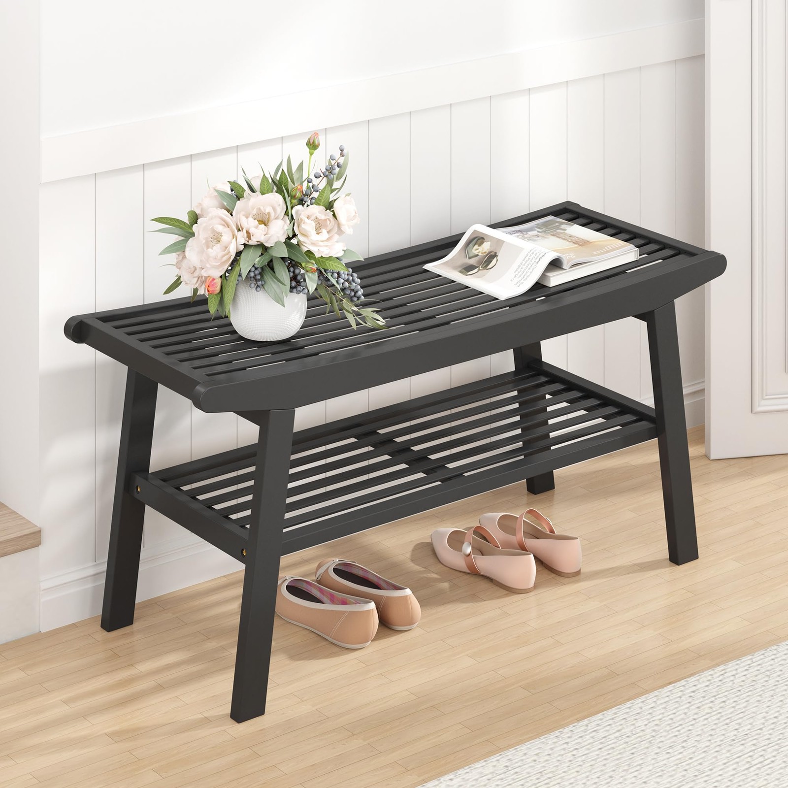Bamboo Dining Bench Indoor Long Sturdy & Comfortable 2 Tiers, Black