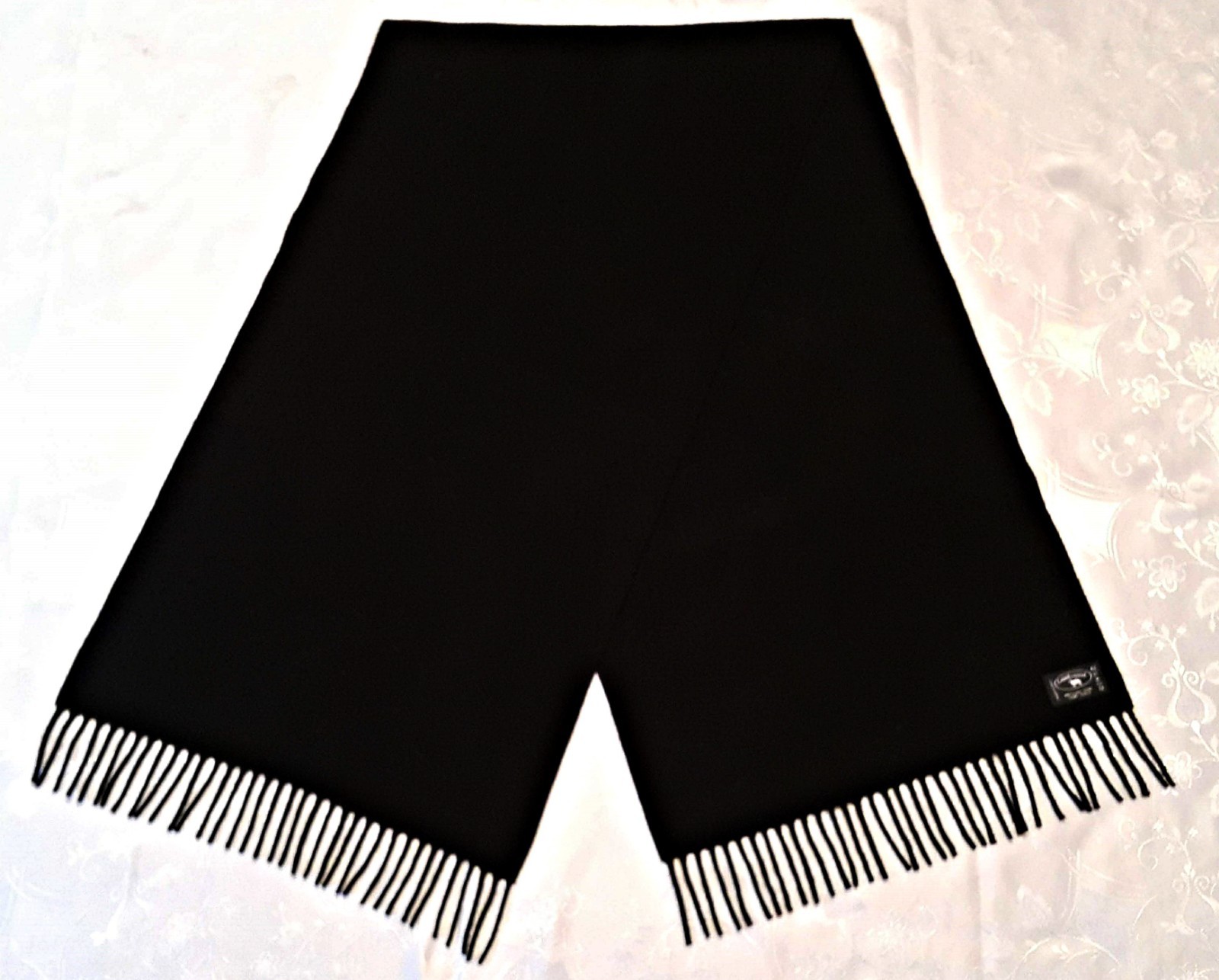 ITALY VINTAGE AUTHENTIC LAMBWOOL SOLID BLACK WOOL LONG MENS FRINGE SCARF