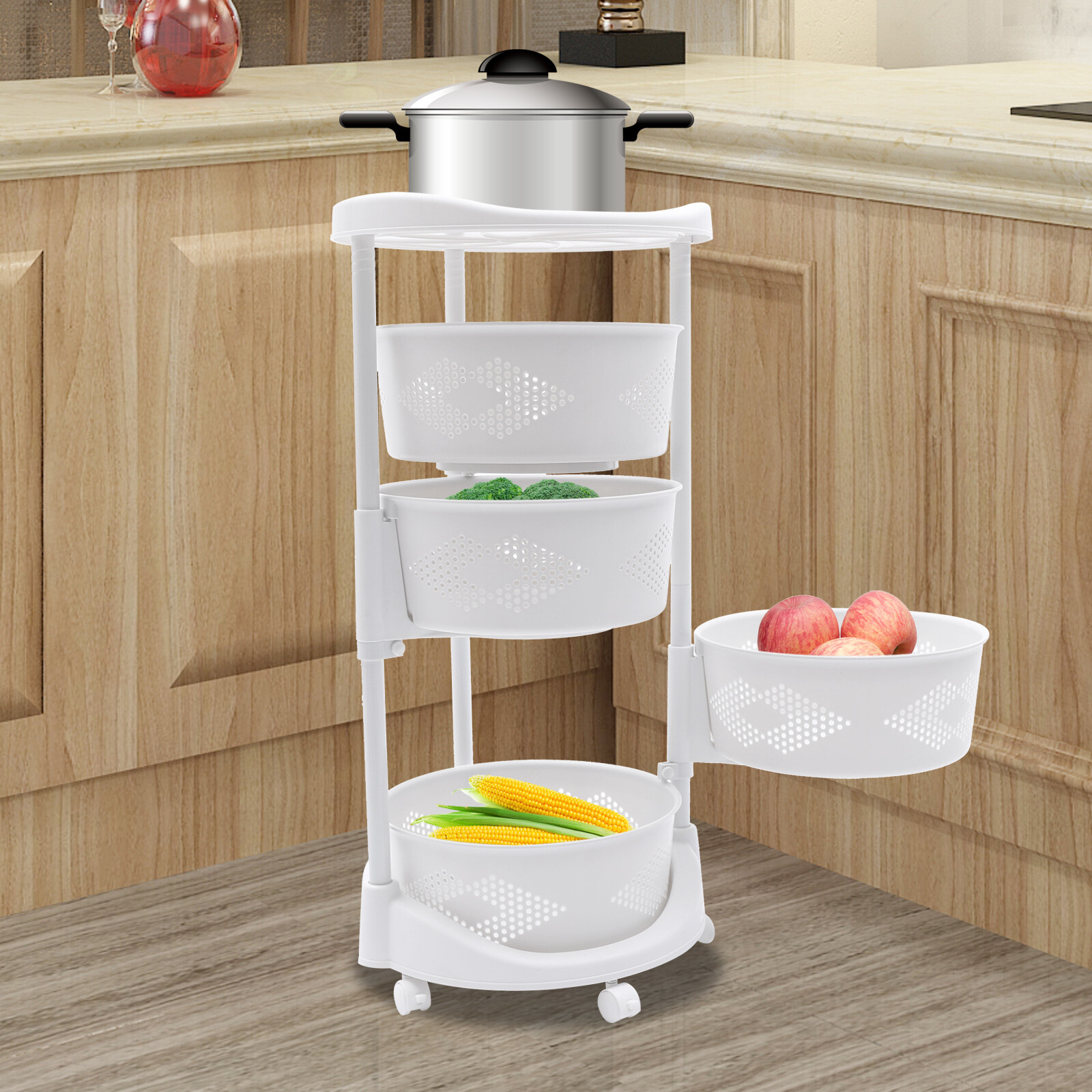 4 Tiers Rotating Storage Rack w/4 Basket Rolling Organizer Cart Kitchen Bedroom