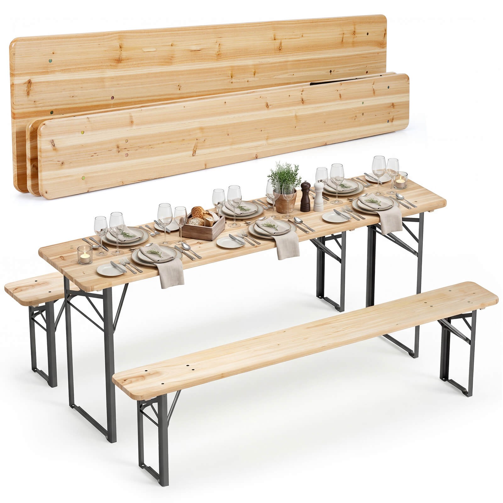 70" 3-Piece Folding Picnic Table w/Benches for 6,Fir Wood&Metal Frame for Patio