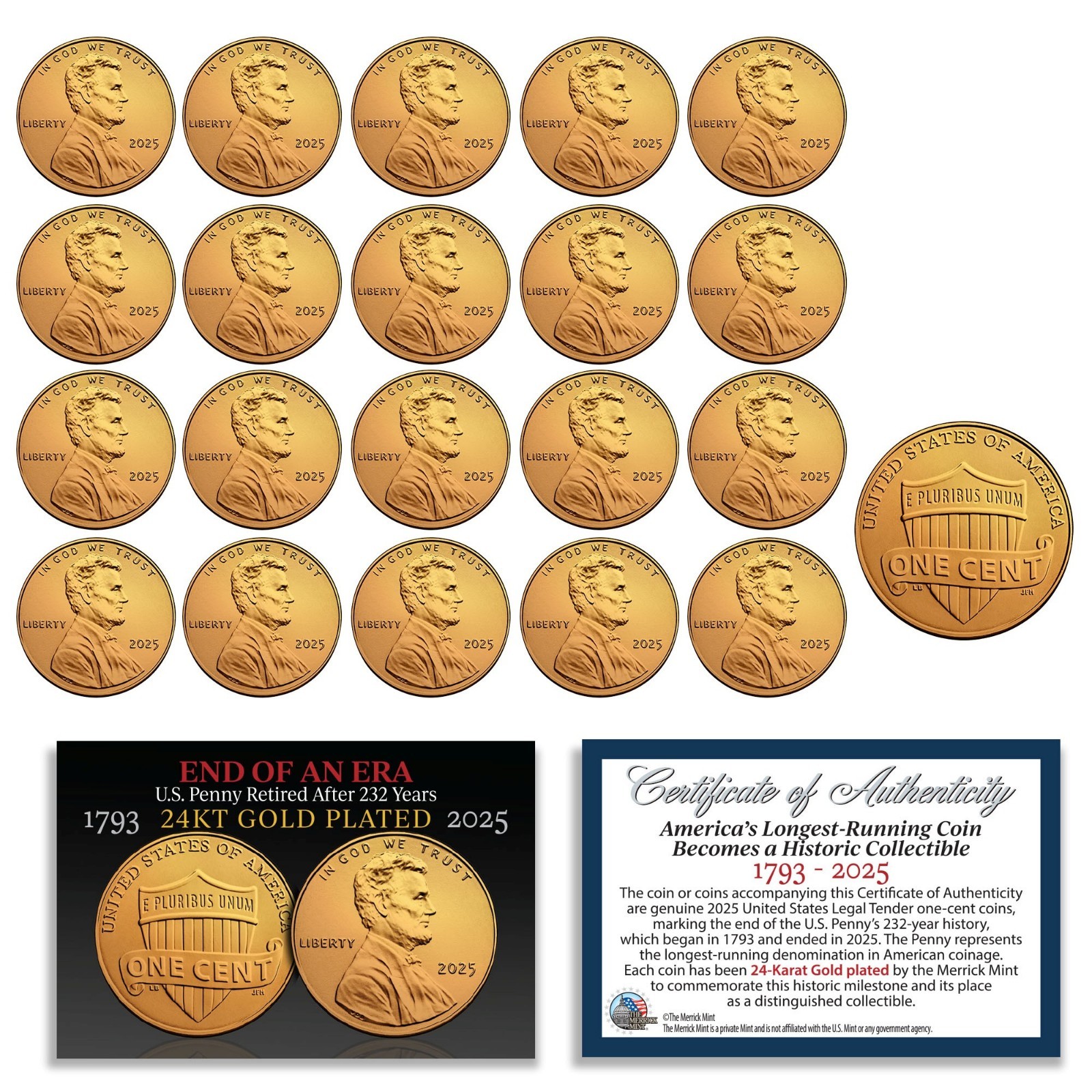 2025 US Penny Cent Uncirculated w/COA - 24K Gold Plated - Last Issue - QTY: 20 *