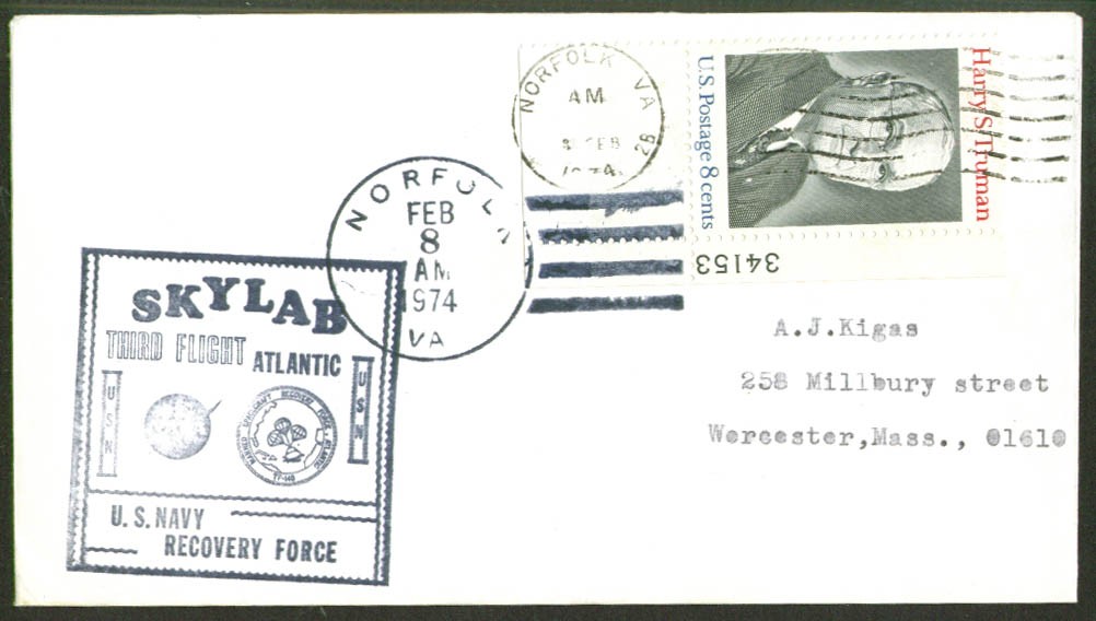 Skylab 3rd Flight Navy Recovery cover Norfolk 1974