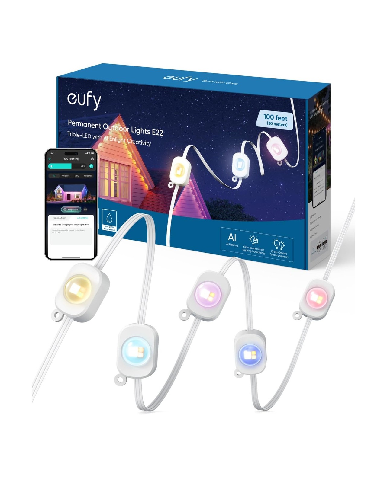 eufy Permanent Outdoor Lights E22, 100ft with 60 Triple-LED Lights, Smart RGB...
