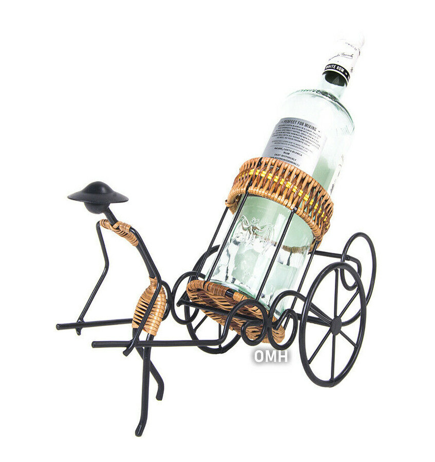Asian Rickshaw Single Wine Bottle Holder Metal Display Decorative Oriental Decor