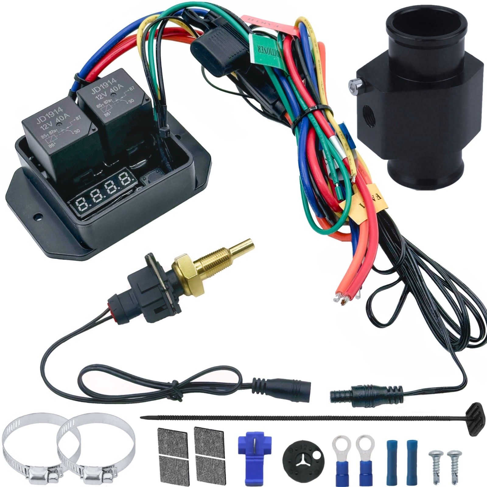 DIGITAL ADJUSTABLE ELECTRIC FAN 1/8 NPT THERMOSTAT TEMP SWITCH 36MM HOSE FITTING