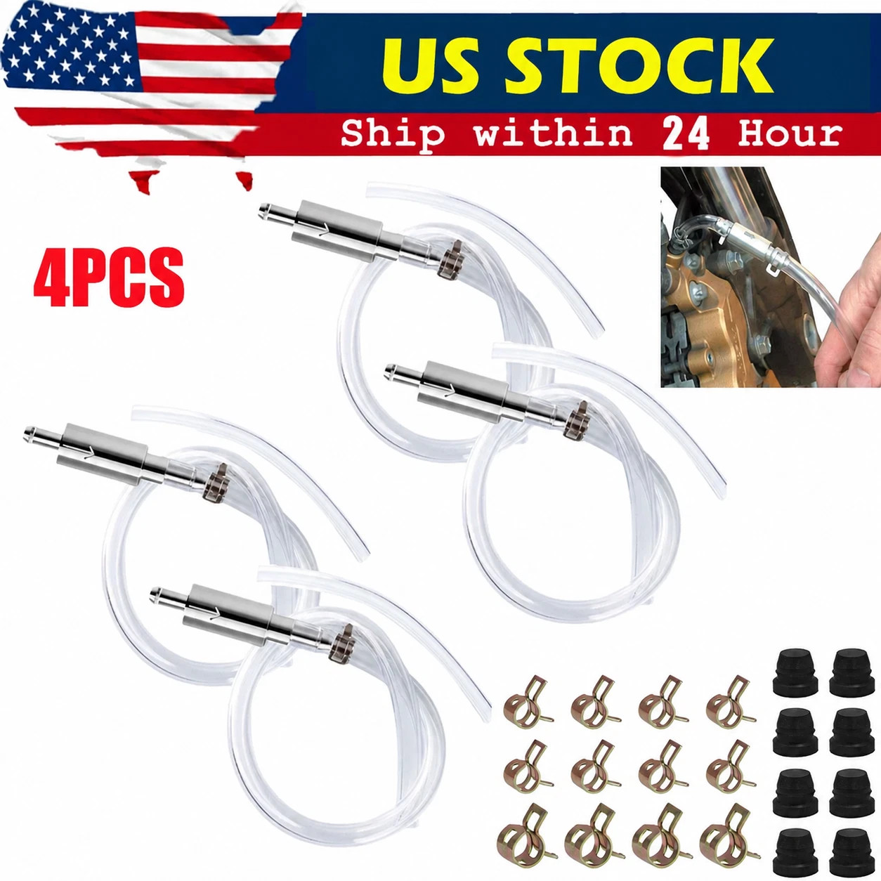 4 PCS Brake Bleeder Hose, One Way Check Valve Tube Bleeding Tool Kit Silver US