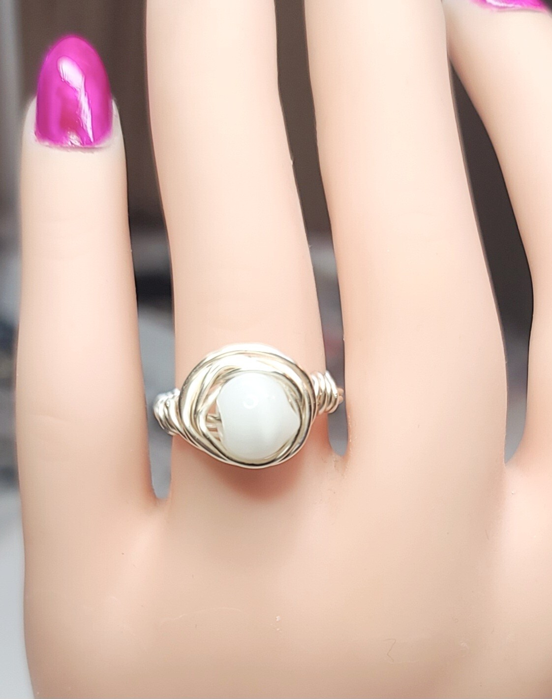 Handmade Wire Wrapped Ring White. Cat Eye Bead Size 7.