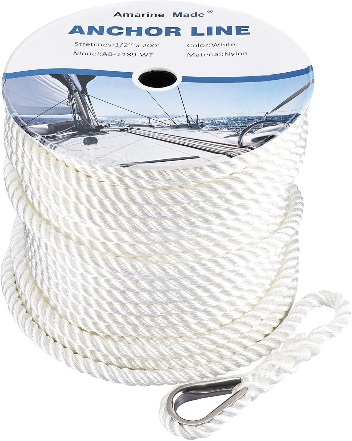 1/2"x200' 3 Strand Twisted Nylon Anchor Line w/ Thimble Solid Braided Boat Rope