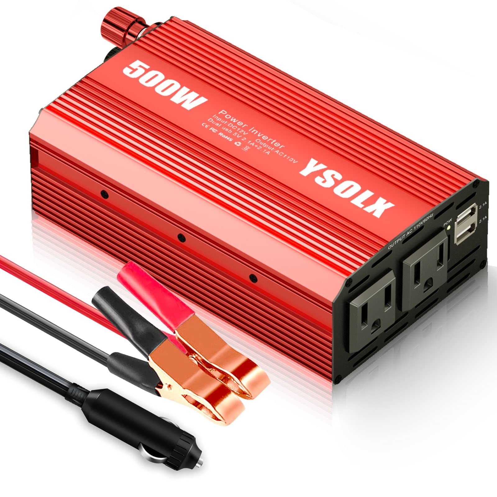 YSOLX 500W Power Inverter 12V to 110V for Vehicles with Dual Fast Charging 24W U