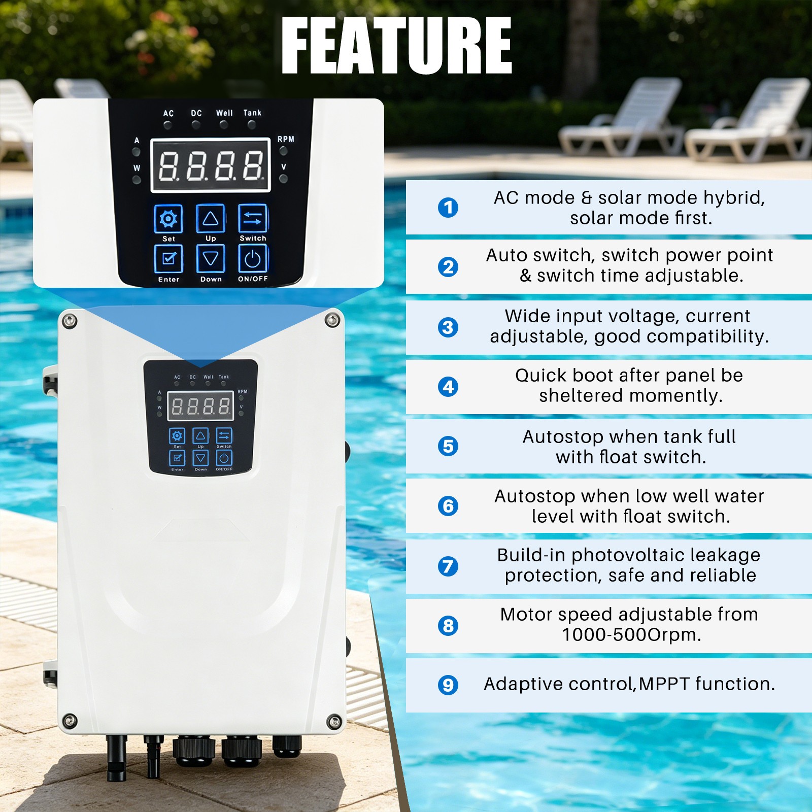 900W Solar Hybrid Swimming Pool Pump Kits with AC/DC Auto-switching Controller