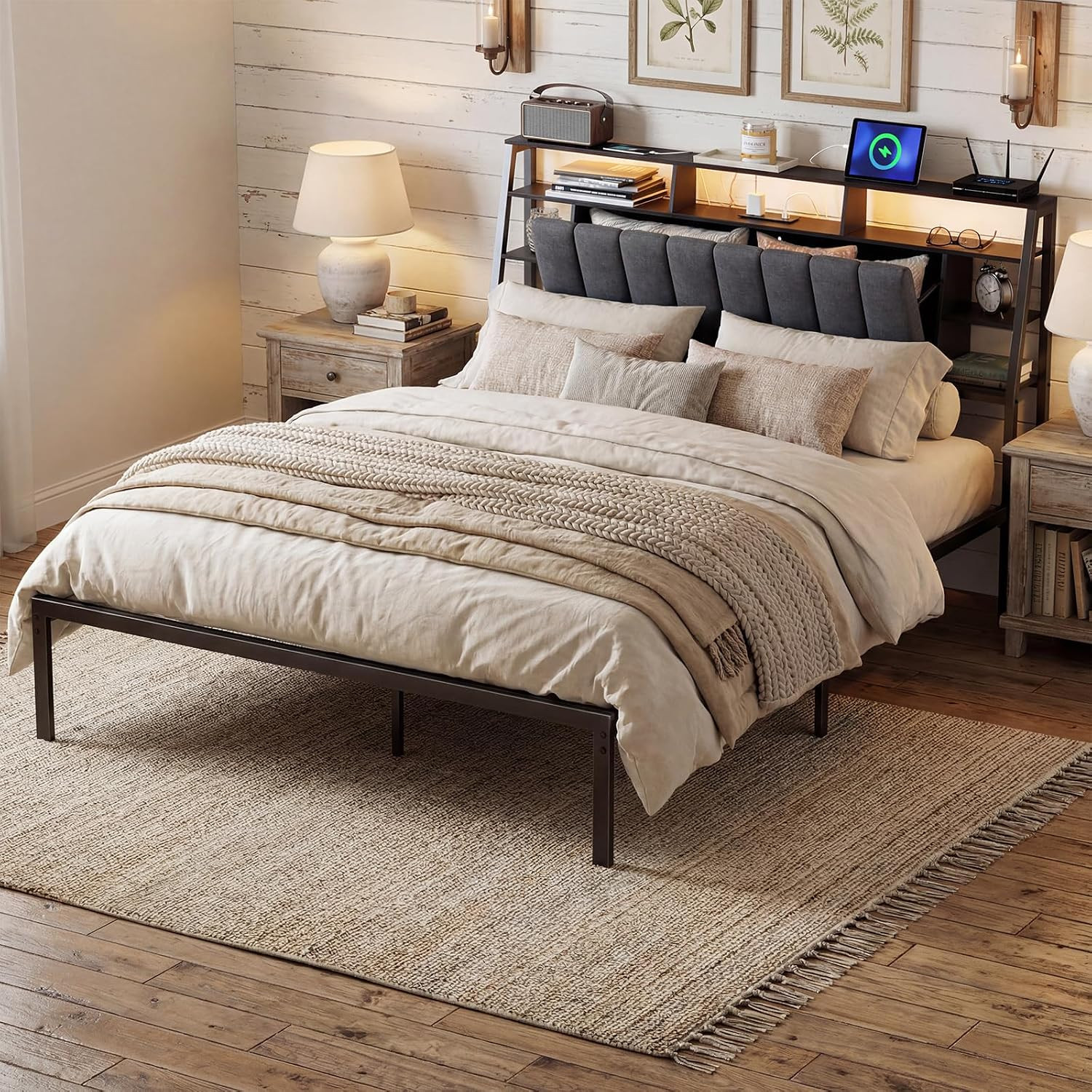 Queen Bed Frame with Storage Headboard and LED Lights, Metal Queen Size Bed Fram