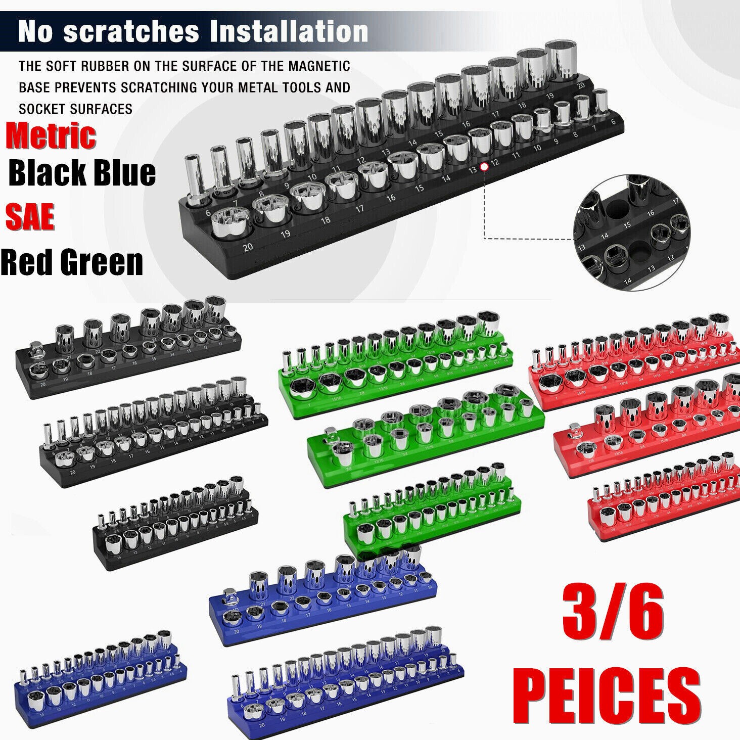 3/6X Metric SAE Socket Organizer Storage Holder Rack Set Magnetic 1/4 3/8 1/2"DR