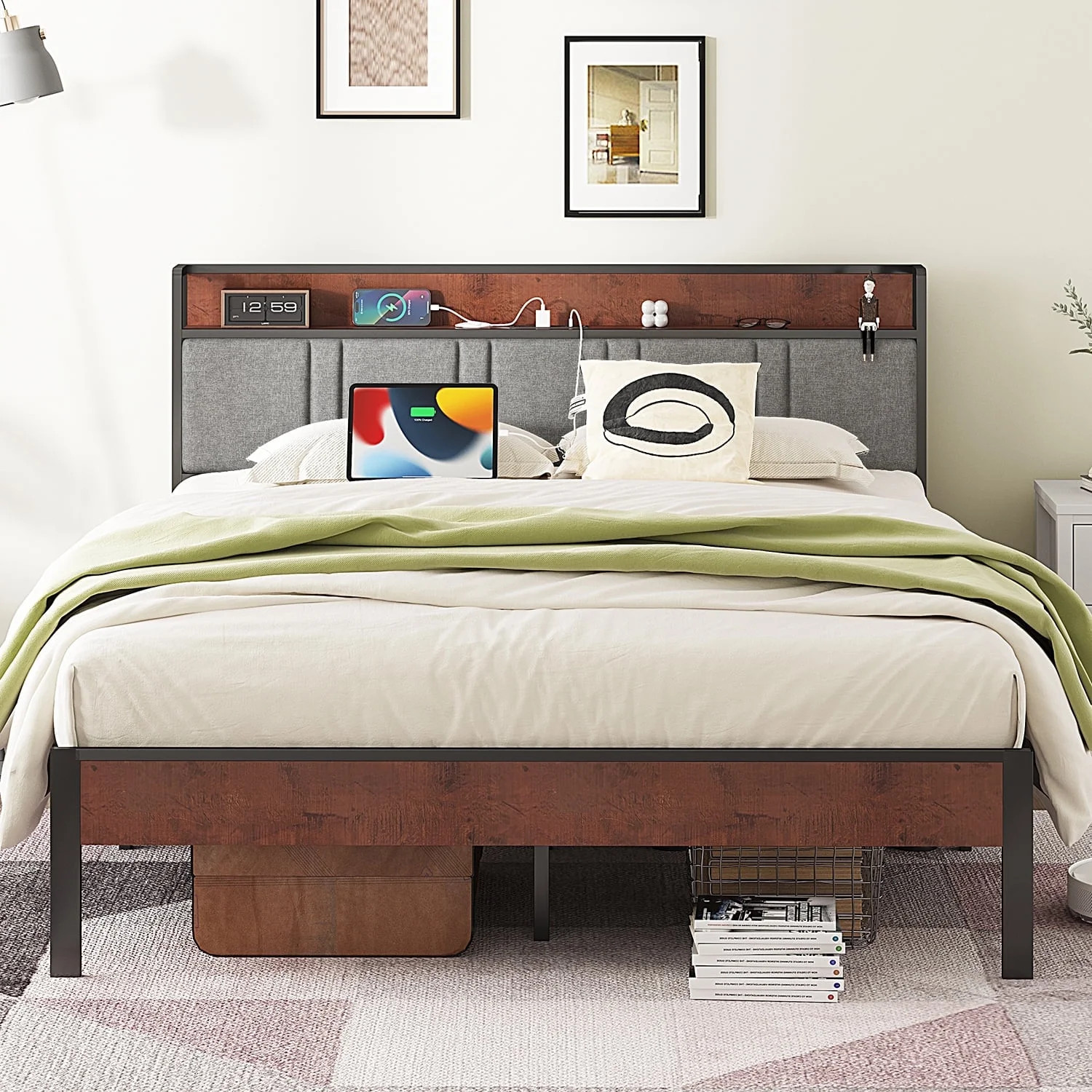 Queen Bed Frame, Platform Bed Queen Size with Charging Station and Storage Uphol