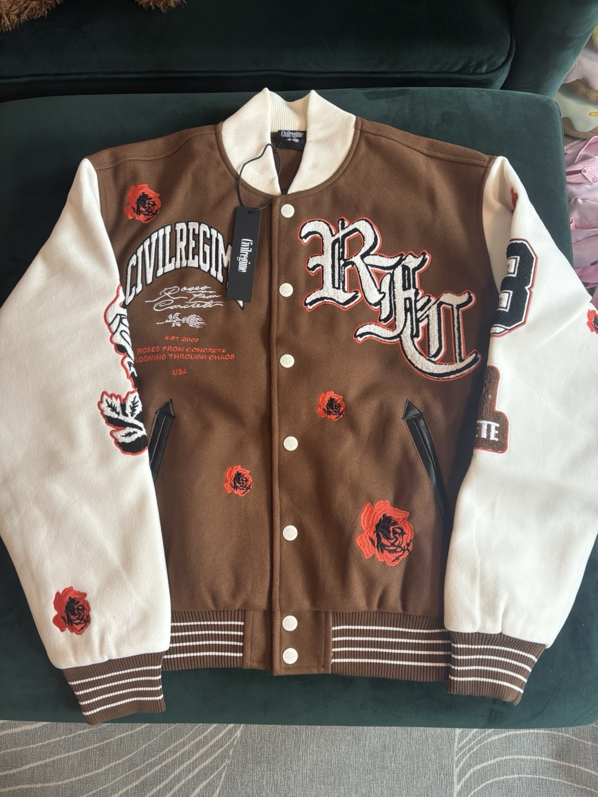 Civil Regime Rose Garden Letterman Jacket In Butter/Reaper Brown Size 3XL