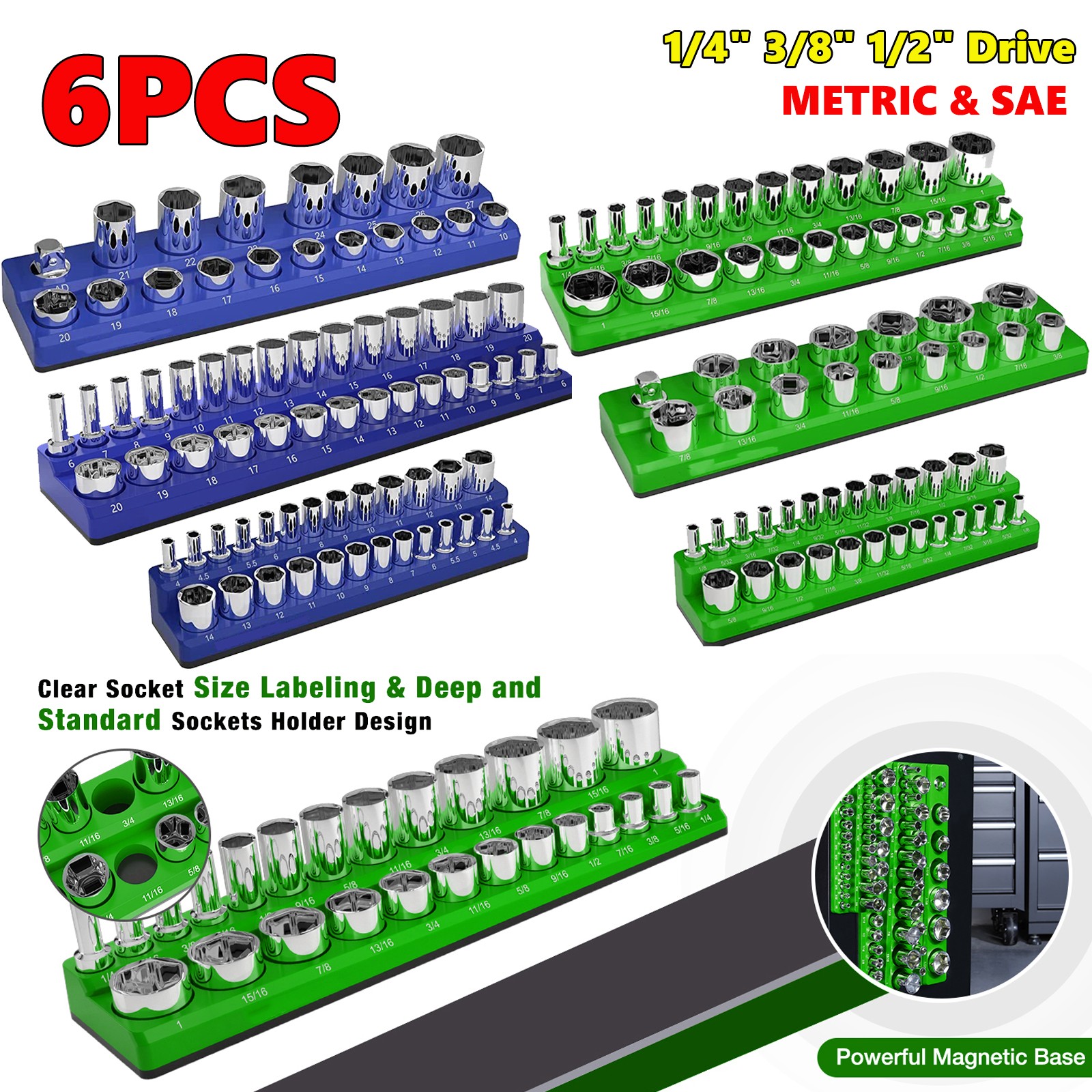 6PCS Socket Organizer Storage Holder Set Magnetic 1/4 3/8 1/2 Metric SAE
