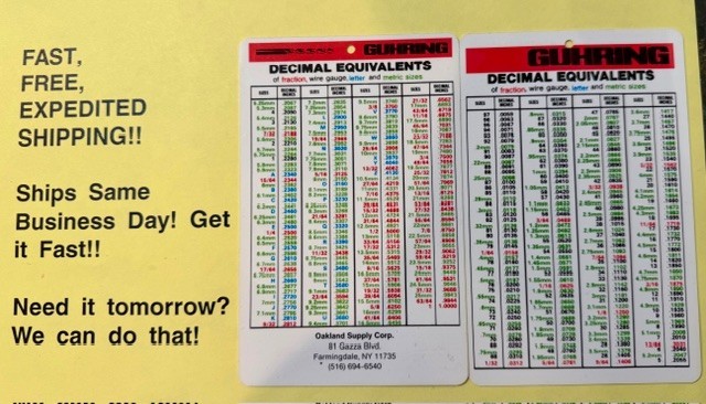 Guhring Decimal Equivalent Chart; FREE SAME DAY USPS SHIPPING!