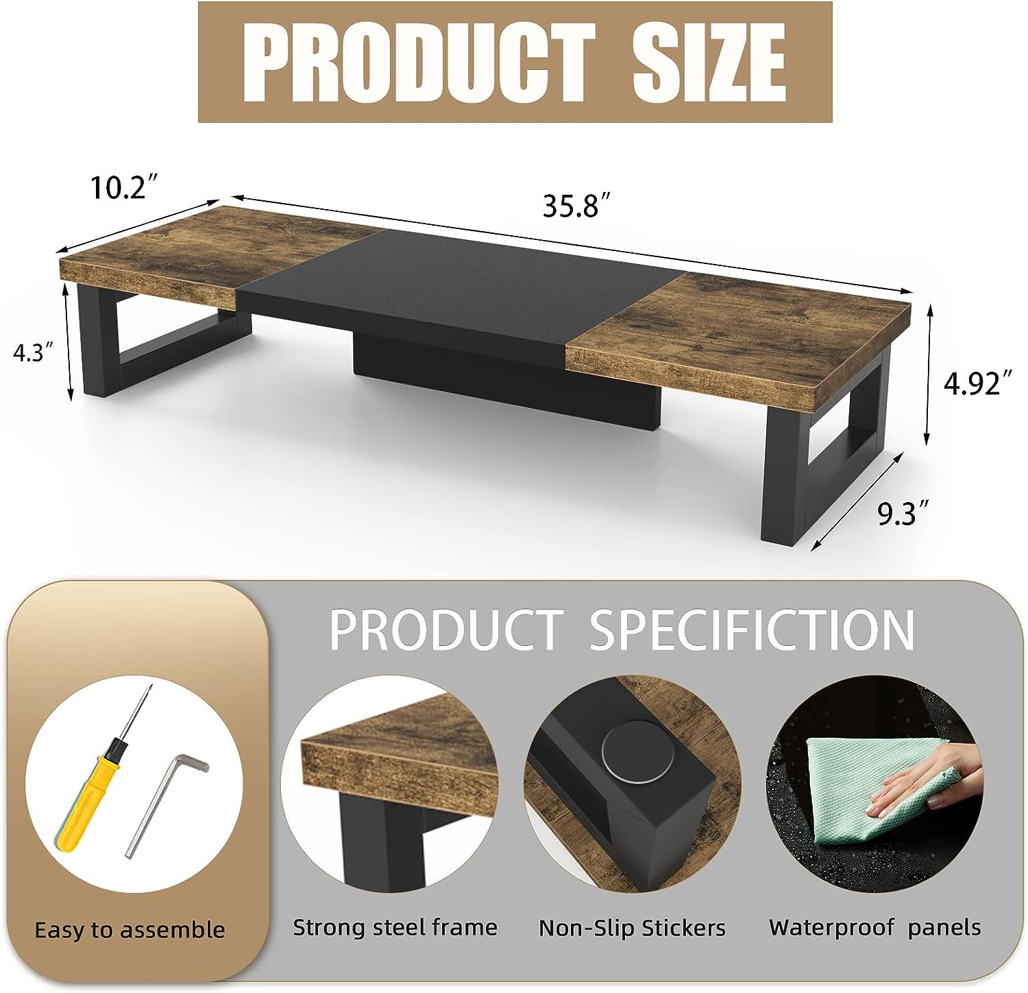 Dual Monitor Stand Riser, Wood and Steel Multi-Purpose Desktop Storage Stand ...