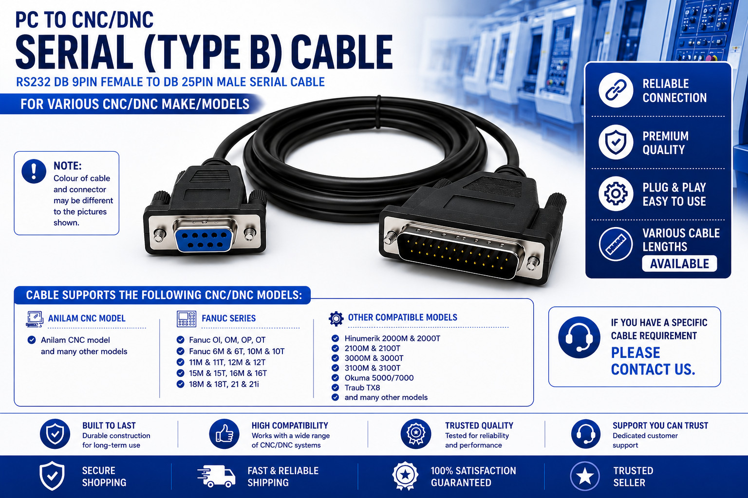 FANUC 6M CNC MODEL - PC SERIAL CNC/DNC DATA CABLE - (TYPE B)