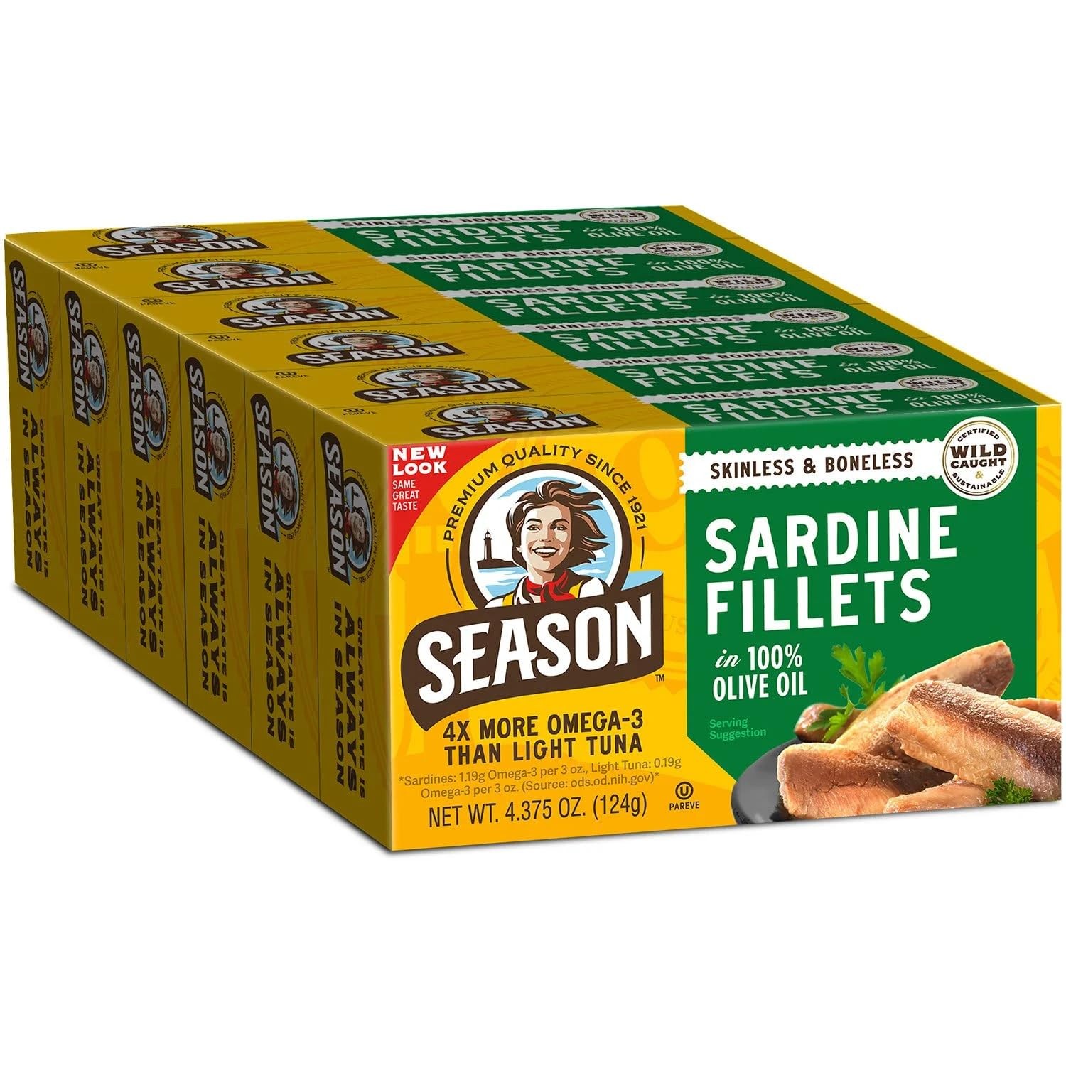 Season Sardines Skinless Boneless in 100% Olive Oil, Pack of 6, Wild-Caught,