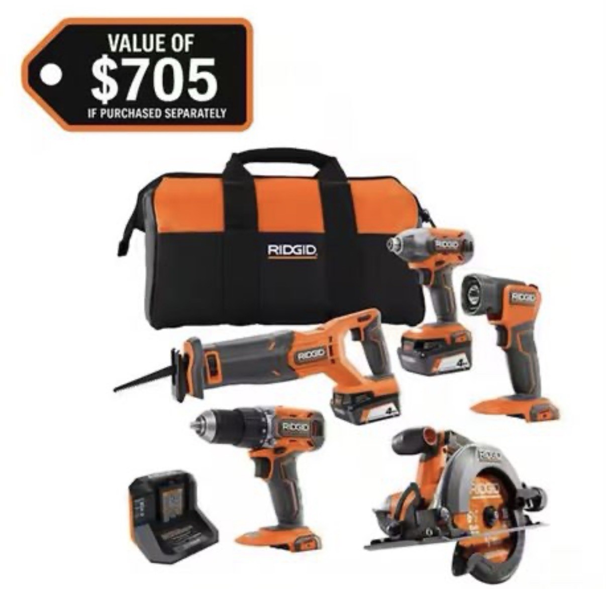 RIDGID 18V Cordless 5-Tool Set Combo Kit With 2 Batteries, Charger, Tool Bag