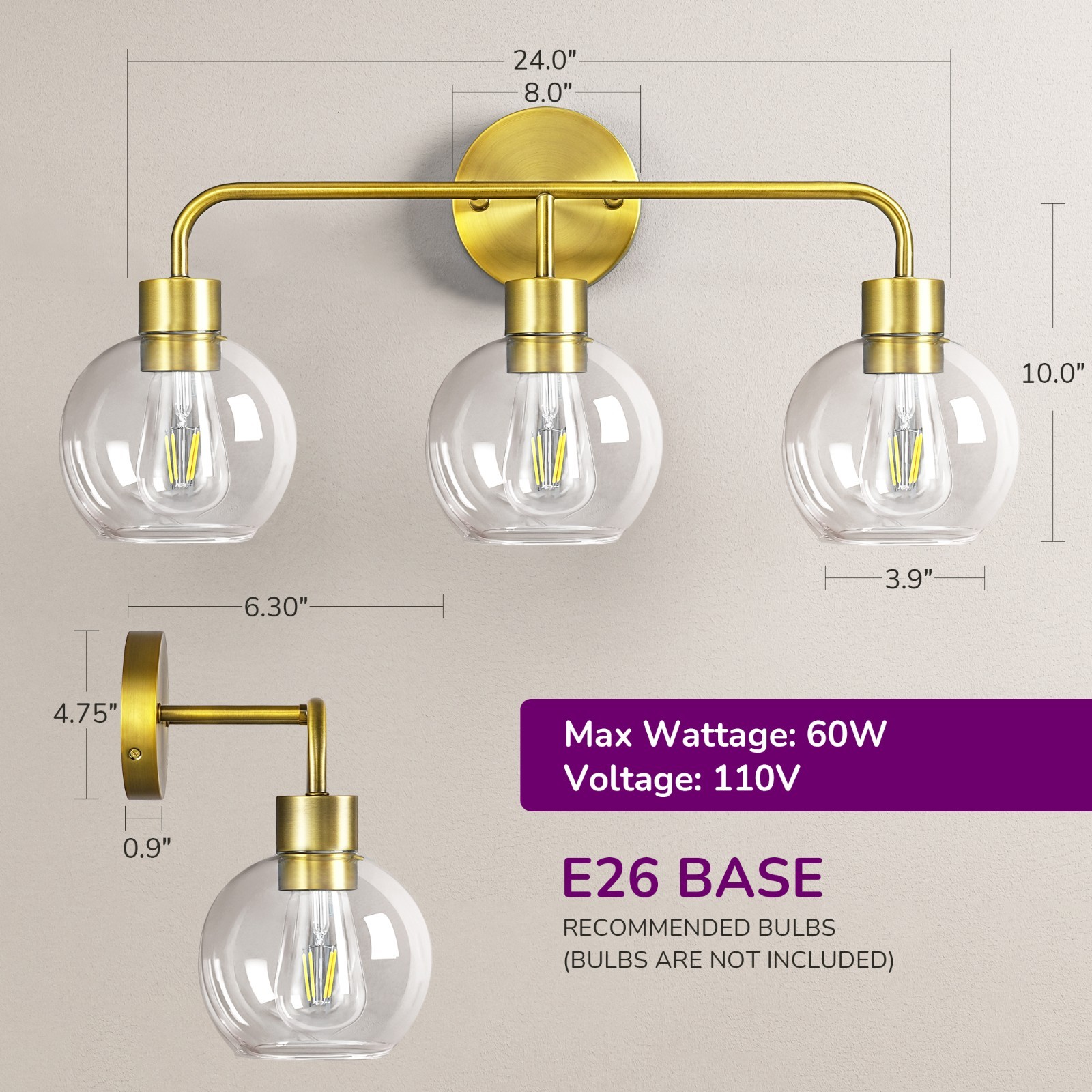EDISHINE 3-Light Dimmable Vanity Light,With all the mounting hardware, dimmable