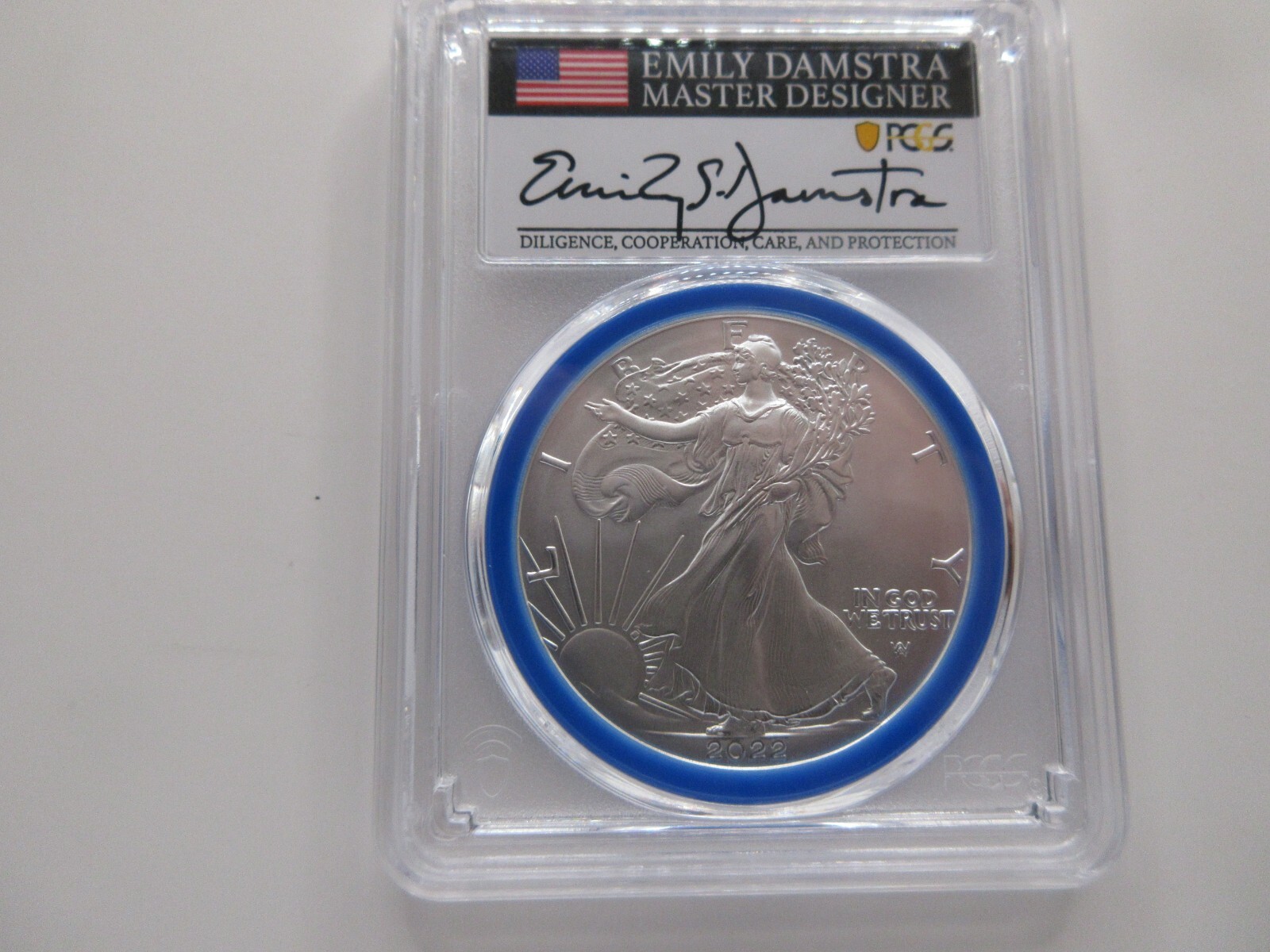 2022-W Burnished Silver Eagle Advanced Release; Mint Designer Damstra PCGS SP70