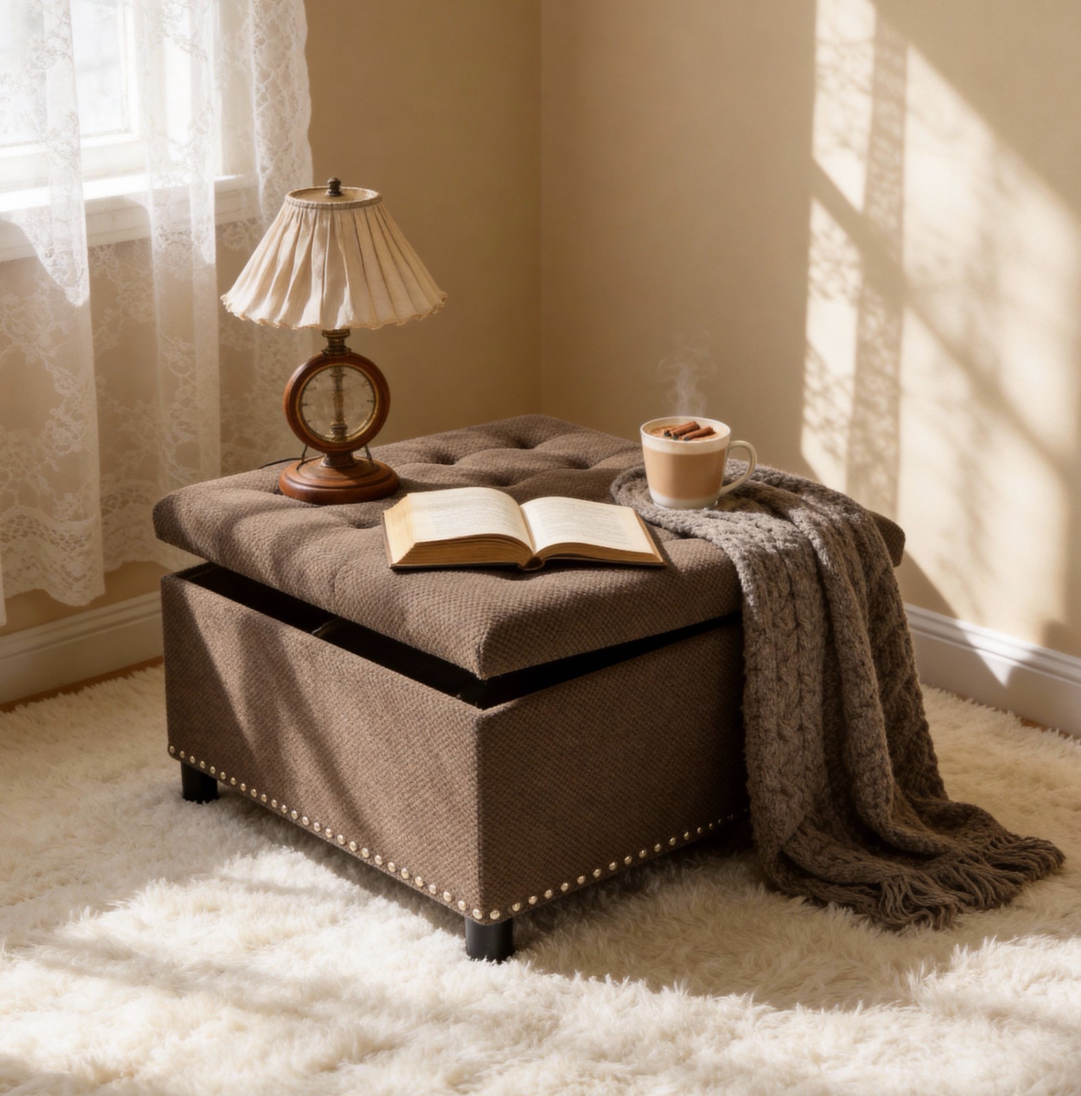 Tufted Storage Ottoman with Nailhead Trim Square Upholstered Coffee Table