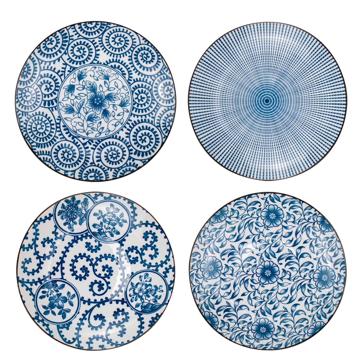 Foraineam Set of 4 Blue and White Porcelain Serving Plates Floral Dinner Shallow