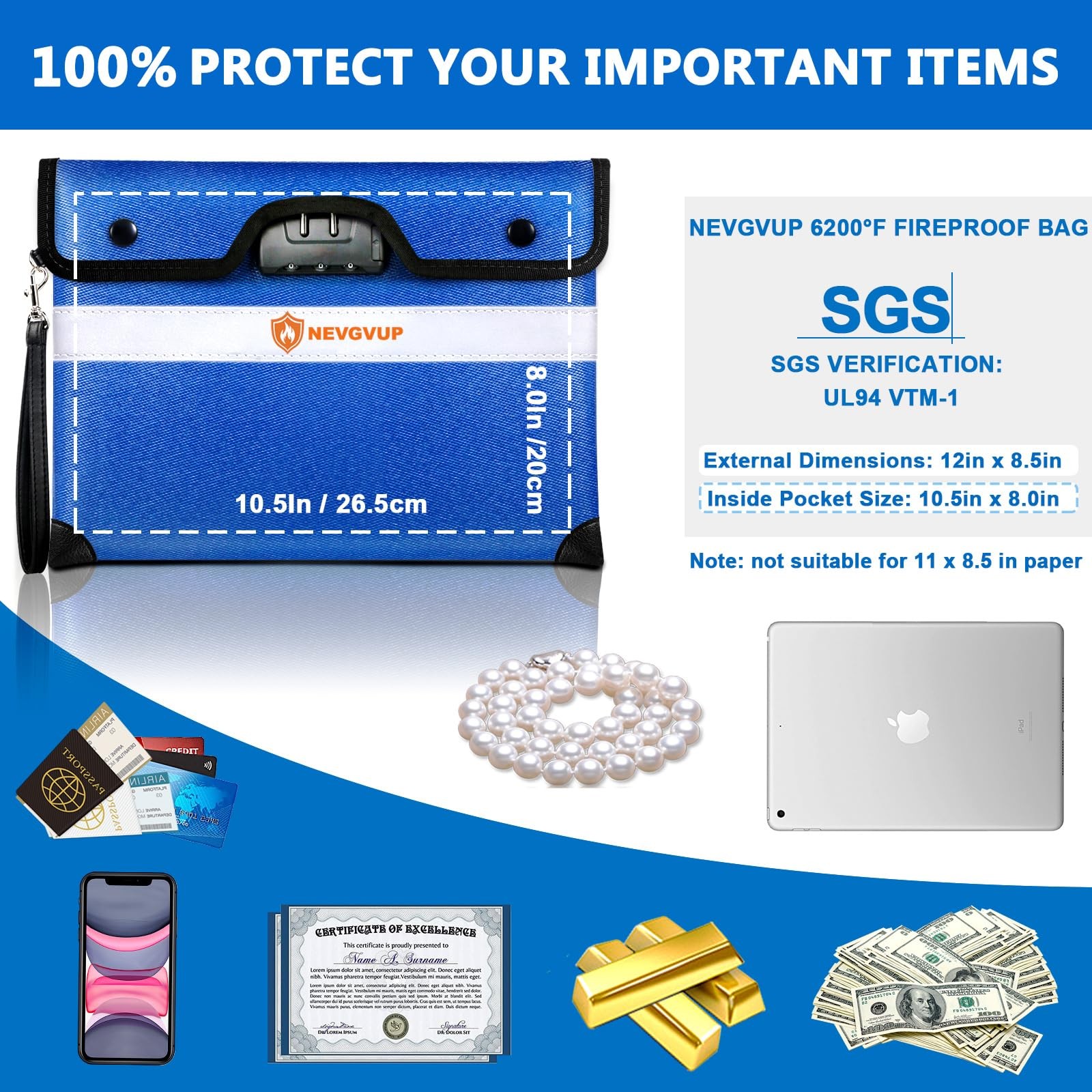 6200F Fireproof Money Bag With Lock A5 Document Zipper Reflective Strip