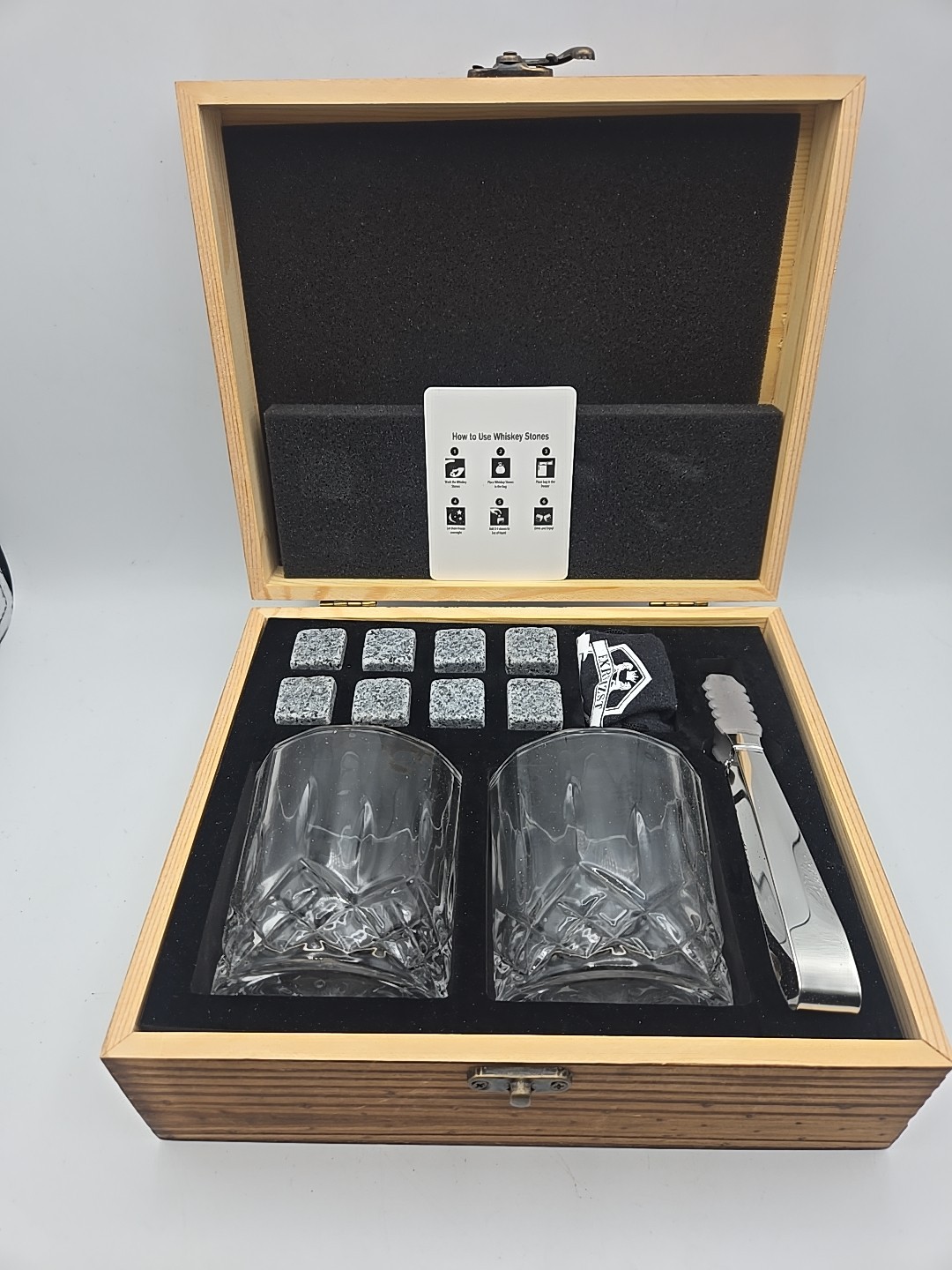 New Exreizst Two Whiskey Glass And Stones Wooden Box Set Gift For Dad Or Husband