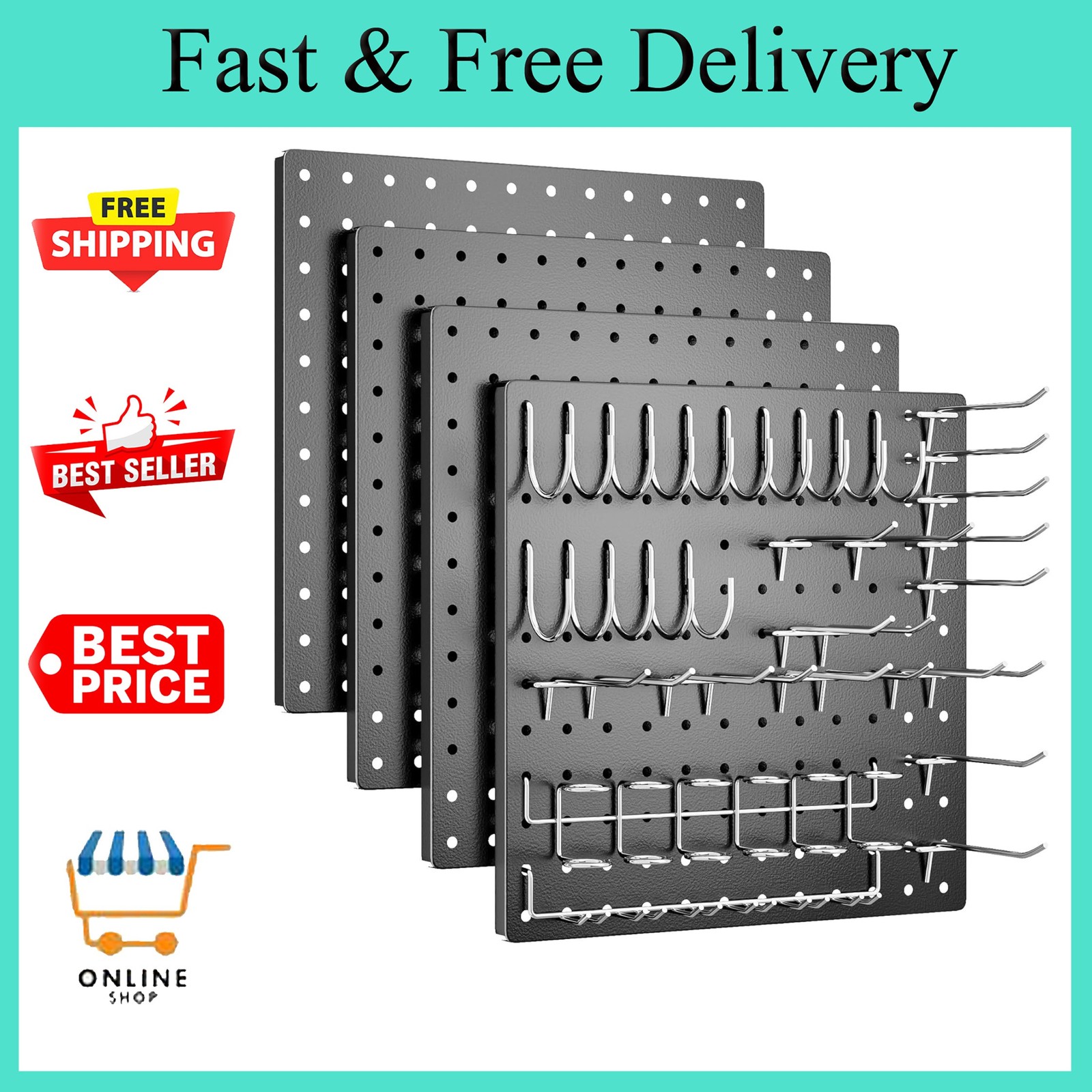 Peg Board, 4 Pack Metal Pegboard Kit,Black Pegboard Wall Organizer with 32 Pcs H