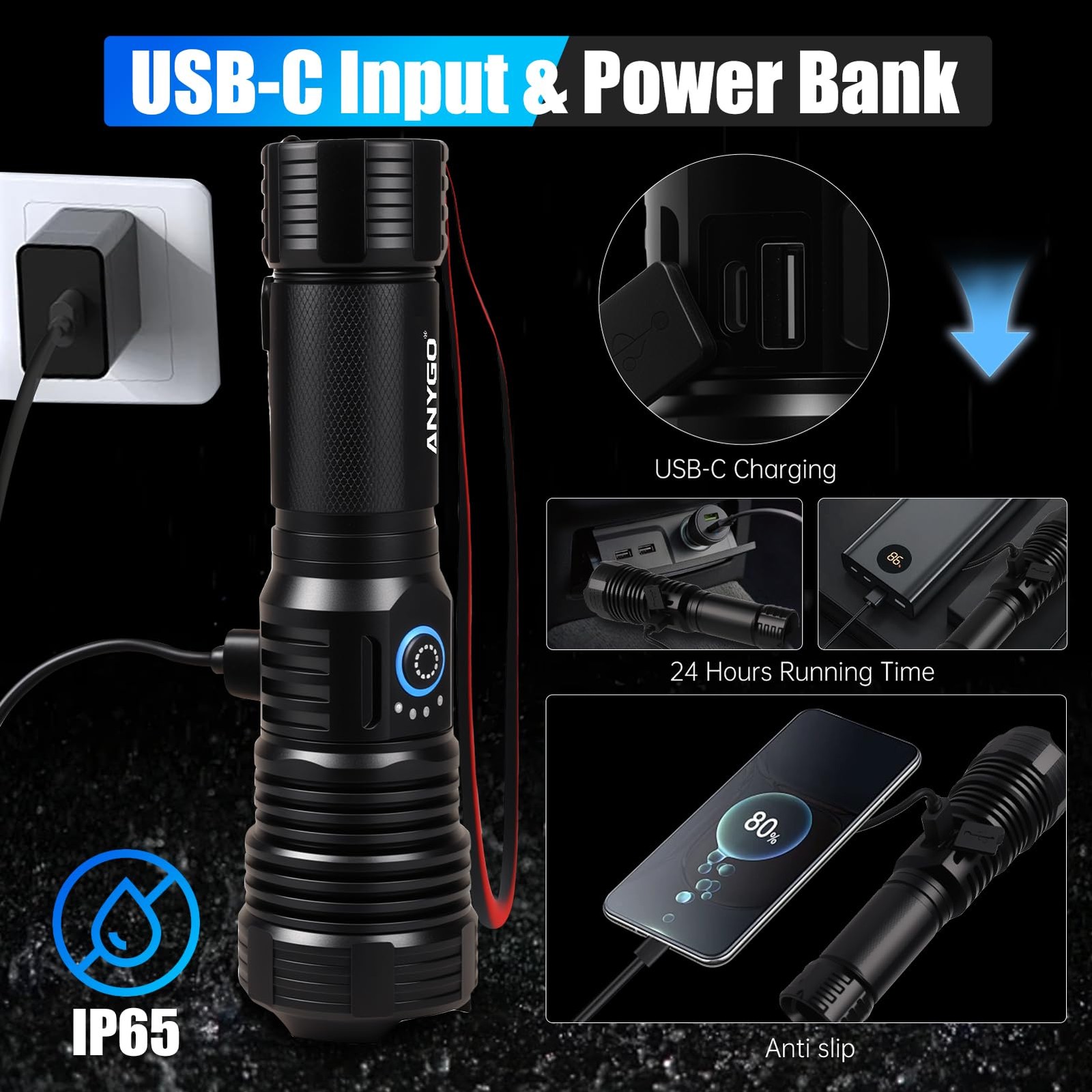 10000 Lumens Rechargeable Flashlight, IP67 Waterproof 12H Runtime