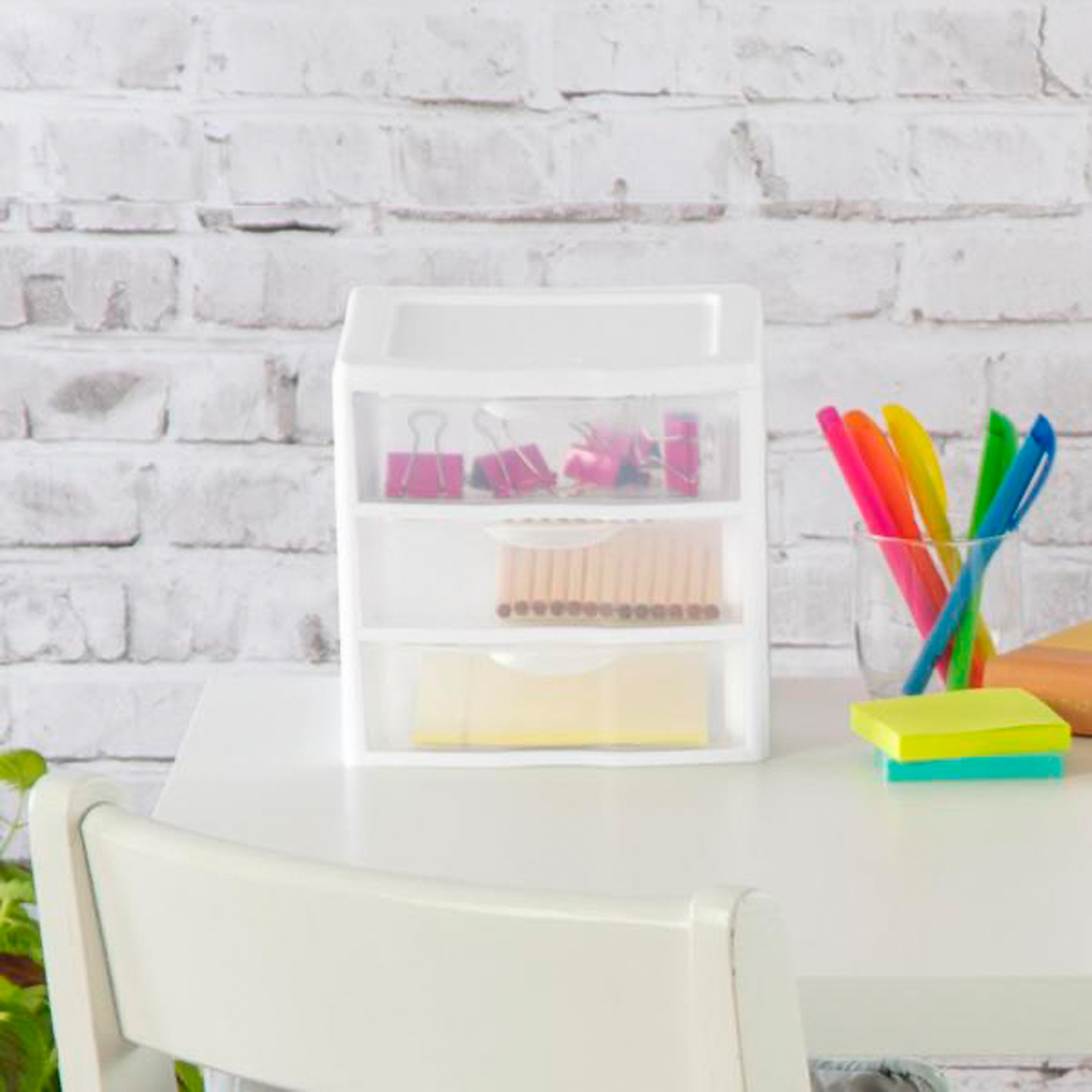 Sterilite ClearView Plastic Small 3 Drawer Desktop Storage Unit, White, 6 Pack